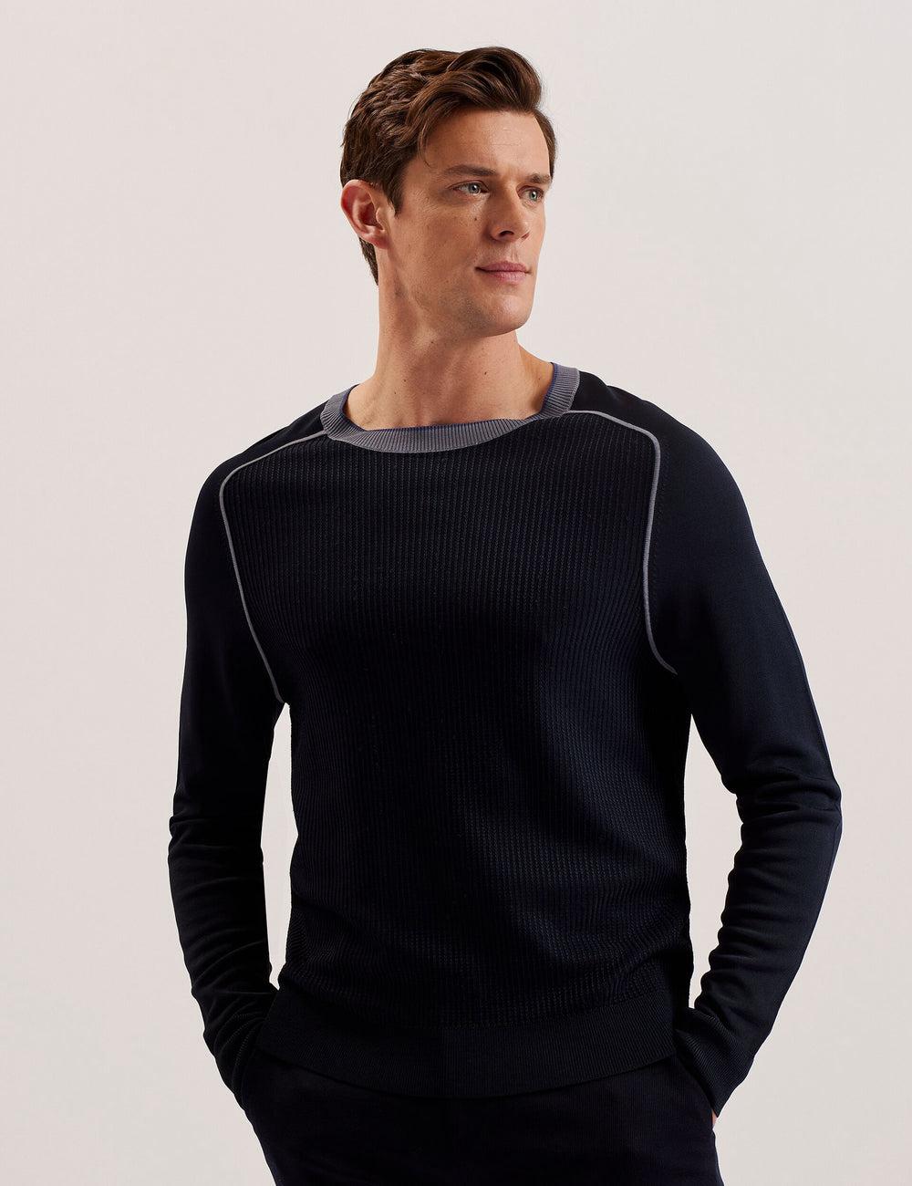 Navy Ted Baker TOREZ - Long Sleeve Textured Knit Top Men Jumpers | Ireland  2791-JDCLG