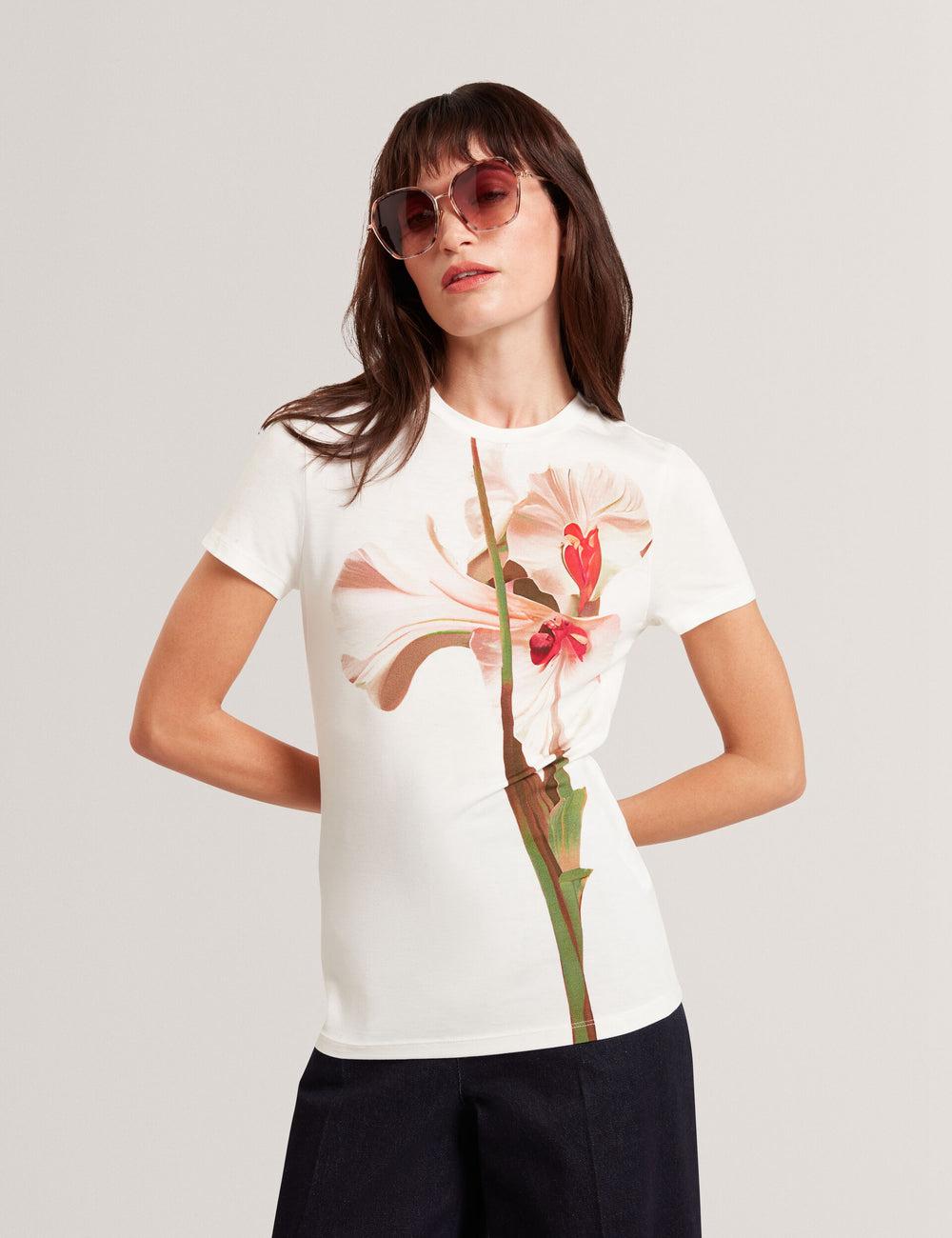 Nude-Pink Ted Baker MEELIEE - Floral Graphic Fitted Crew Neck Women T-Shirts | Ireland  4160-IDNYB