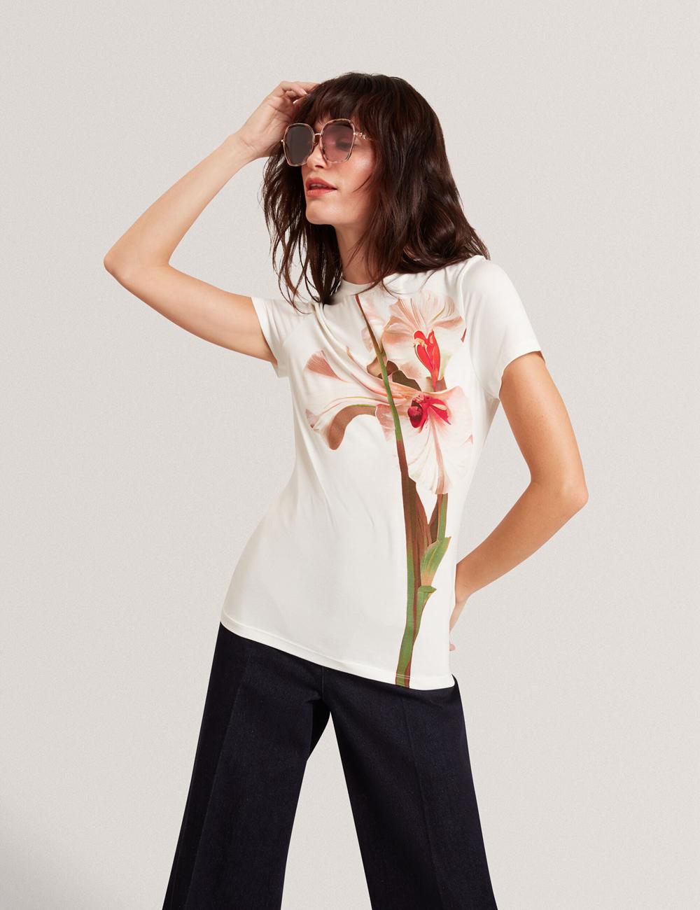 Nude-Pink Ted Baker MEELIEE - Floral Graphic Fitted Crew Neck Women T-Shirts | Ireland  4160-IDNYB