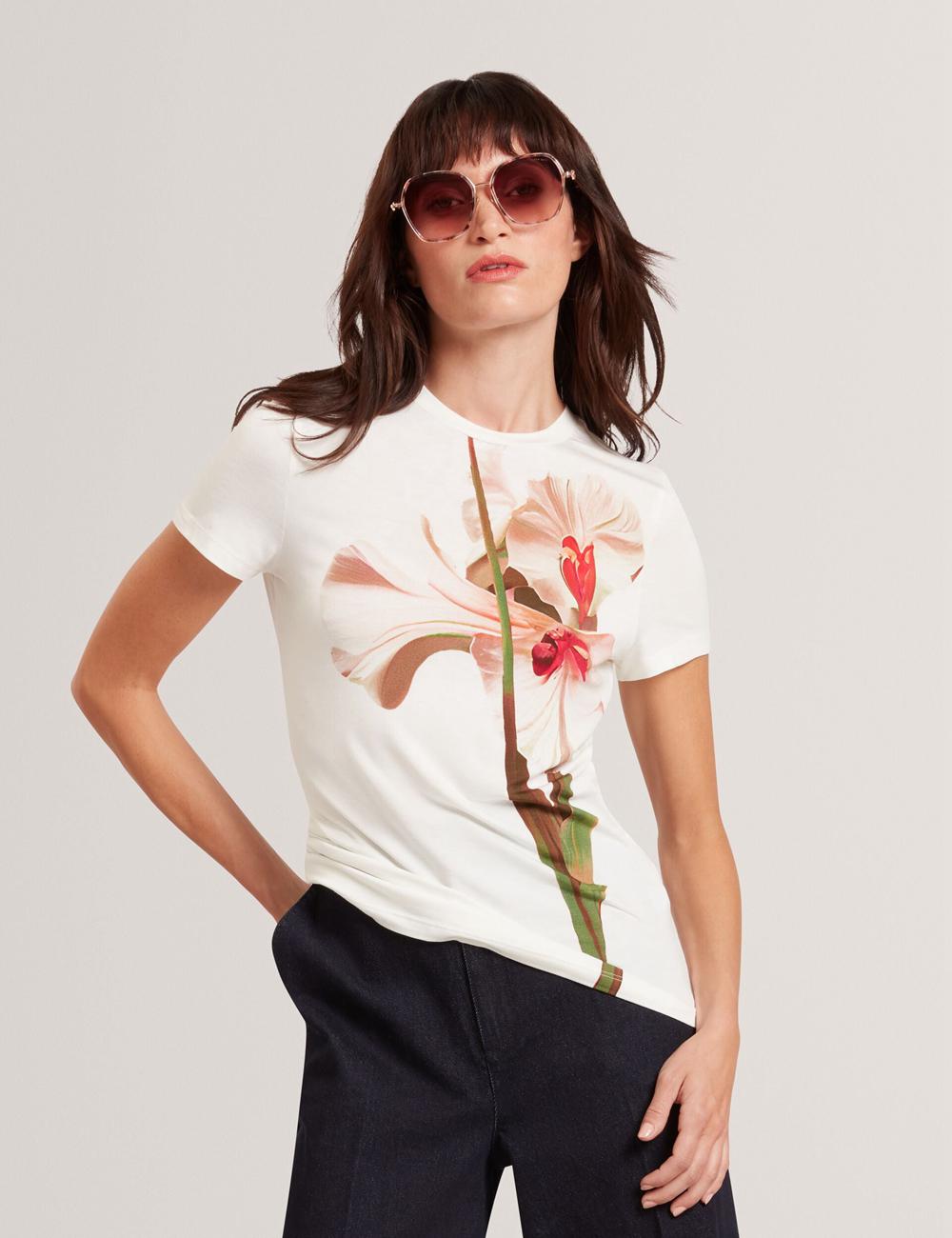 Nude-Pink Ted Baker MEELIEE - Floral Graphic Fitted Crew Neck Women T-Shirts | Ireland  4160-IDNYB