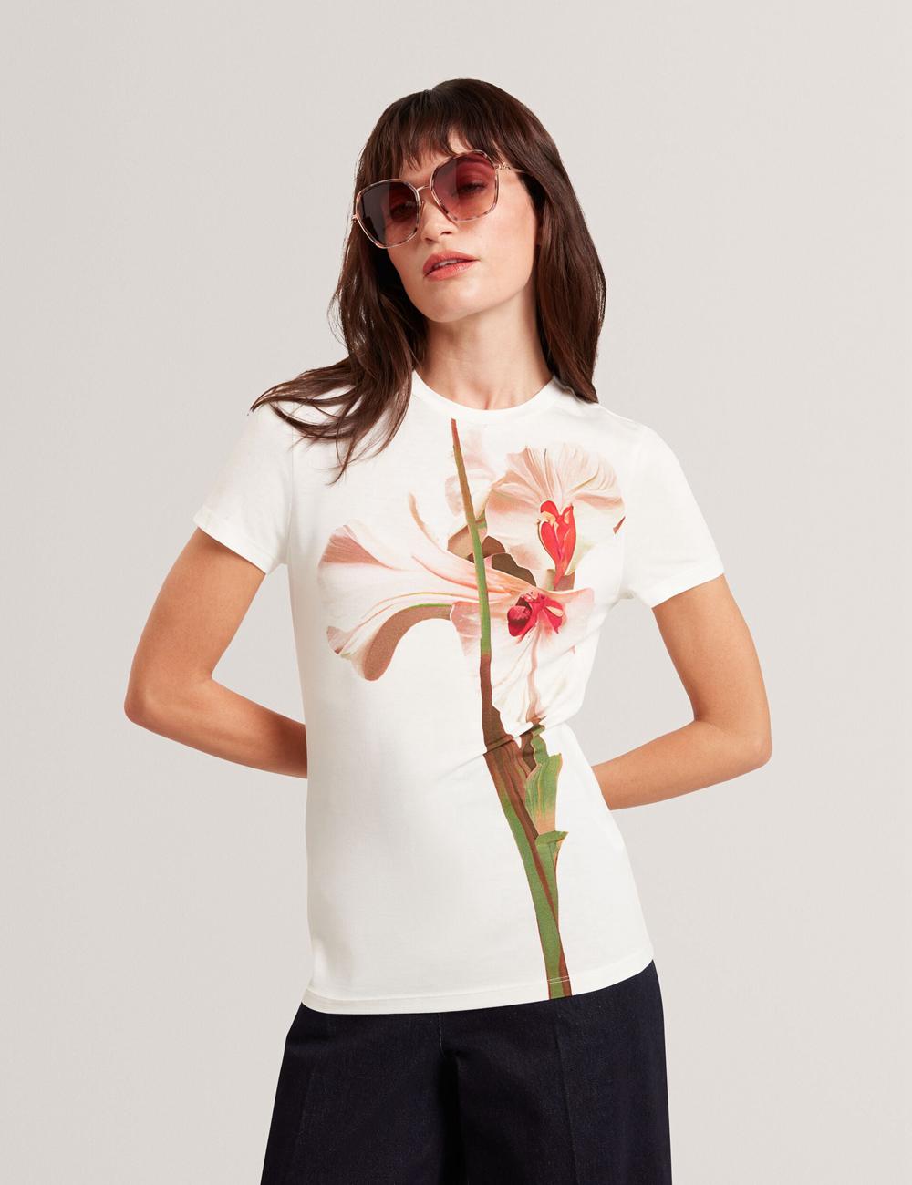 Nude-Pink Ted Baker MEELIEE - Floral Graphic Fitted Crew Neck Women T-Shirts | Ireland  4160-IDNYB
