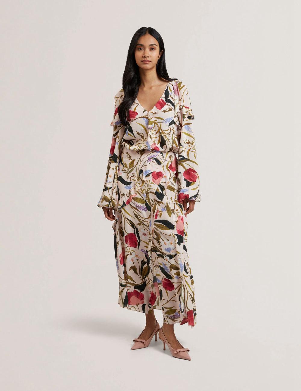 Pink Ted Baker CANDICI - Floral Print Frill Trim With Split Women Midi Skirts | Ireland  0248-IXBSU