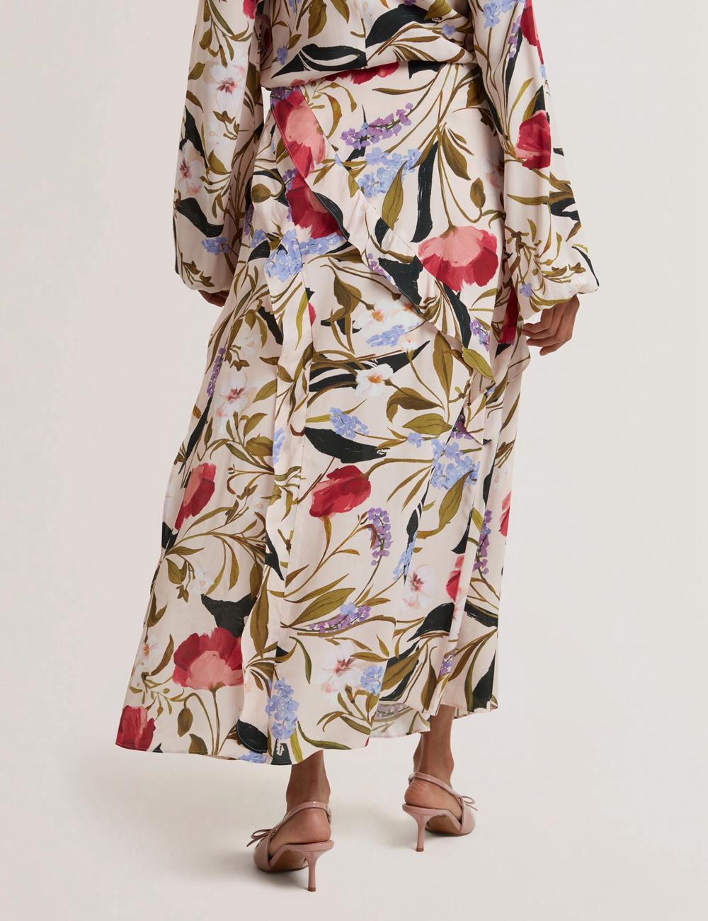 Pink Ted Baker CANDICI - Floral Print Frill Trim With Split Women Midi Skirts | Ireland  0248-IXBSU