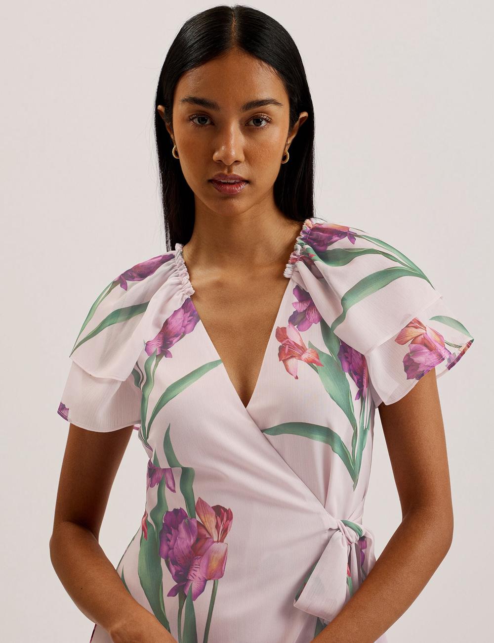 Pink Ted Baker FASNIA - Floral Angel Sleeve Wrap Women Mini Dresses | Ireland  3178-JLOFI