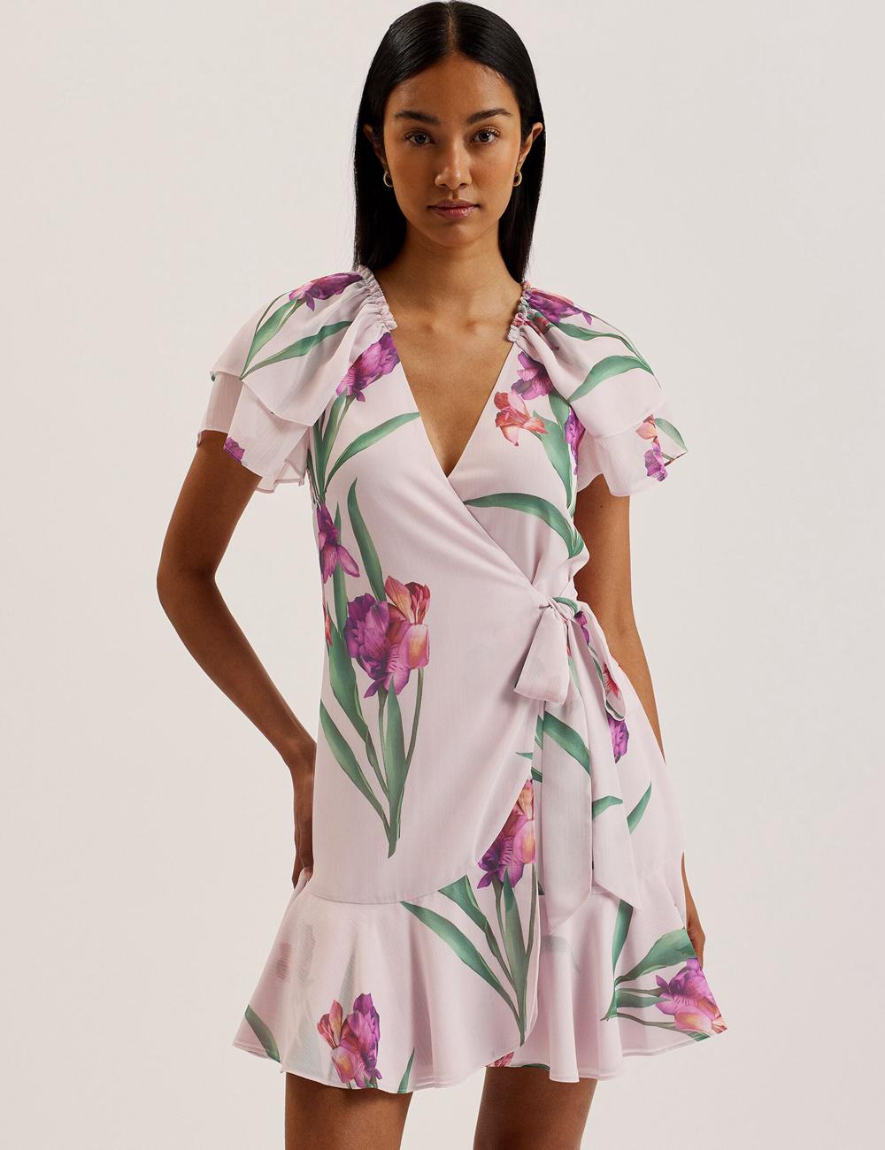 Pink Ted Baker FASNIA - Floral Angel Sleeve Wrap Women Mini Dresses | Ireland  3178-JLOFI