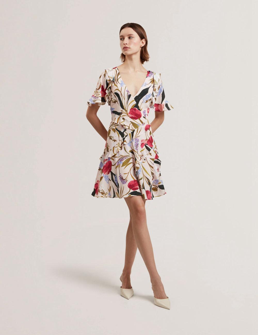 Pink Ted Baker ISSIIA - Frill Trim Floral Short Sleeve Women Mini Dresses | Ireland  4156-LVOAC