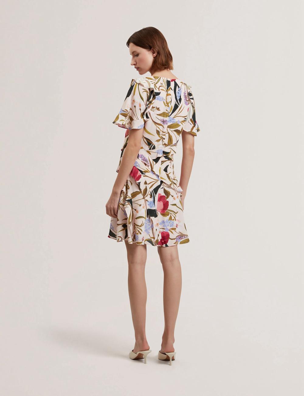 Pink Ted Baker ISSIIA - Frill Trim Floral Short Sleeve Women Mini Dresses | Ireland  4156-LVOAC
