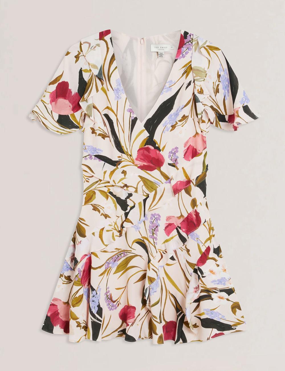 Pink Ted Baker ISSIIA - Frill Trim Floral Short Sleeve Women Mini Dresses | Ireland  4156-LVOAC