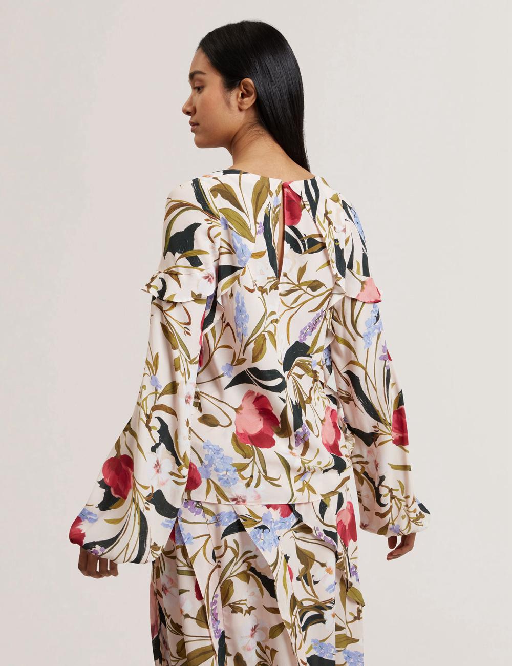 Pink Ted Baker MINASA - Floral Print Frill Trim Long Sleeve Women Blouses | Ireland  3750-UYGVA