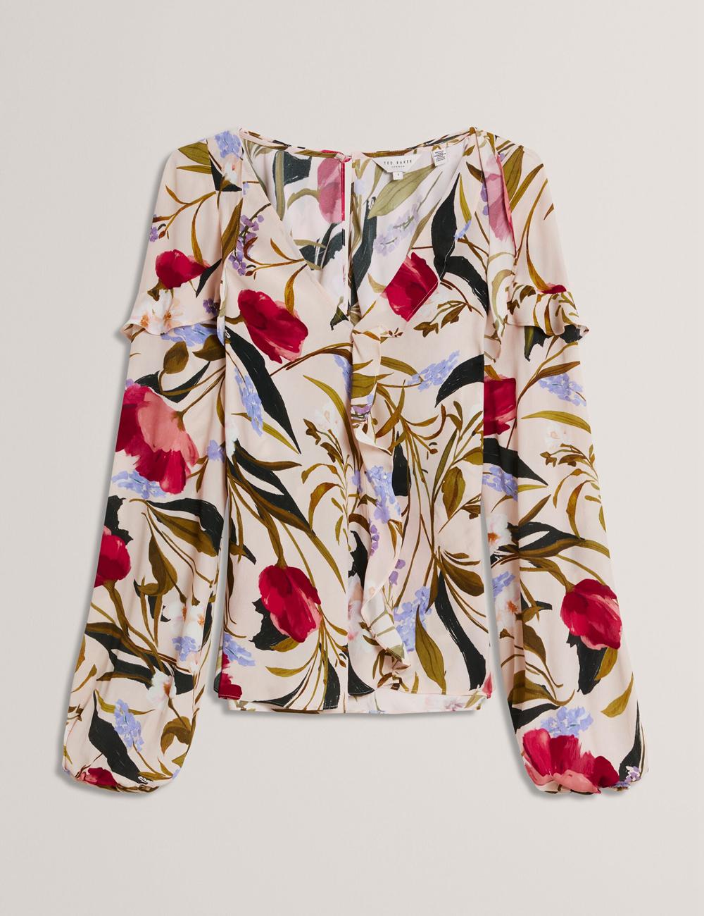 Pink Ted Baker MINASA - Floral Print Frill Trim Long Sleeve Women Blouses | Ireland  3750-UYGVA