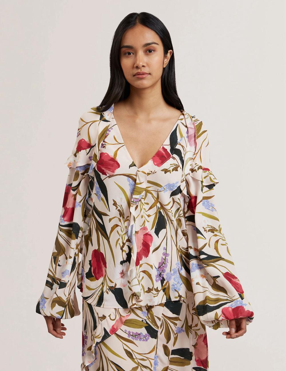 Pink Ted Baker MINASA - Floral Print Frill Trim Long Sleeve Women Blouses | Ireland  3750-UYGVA