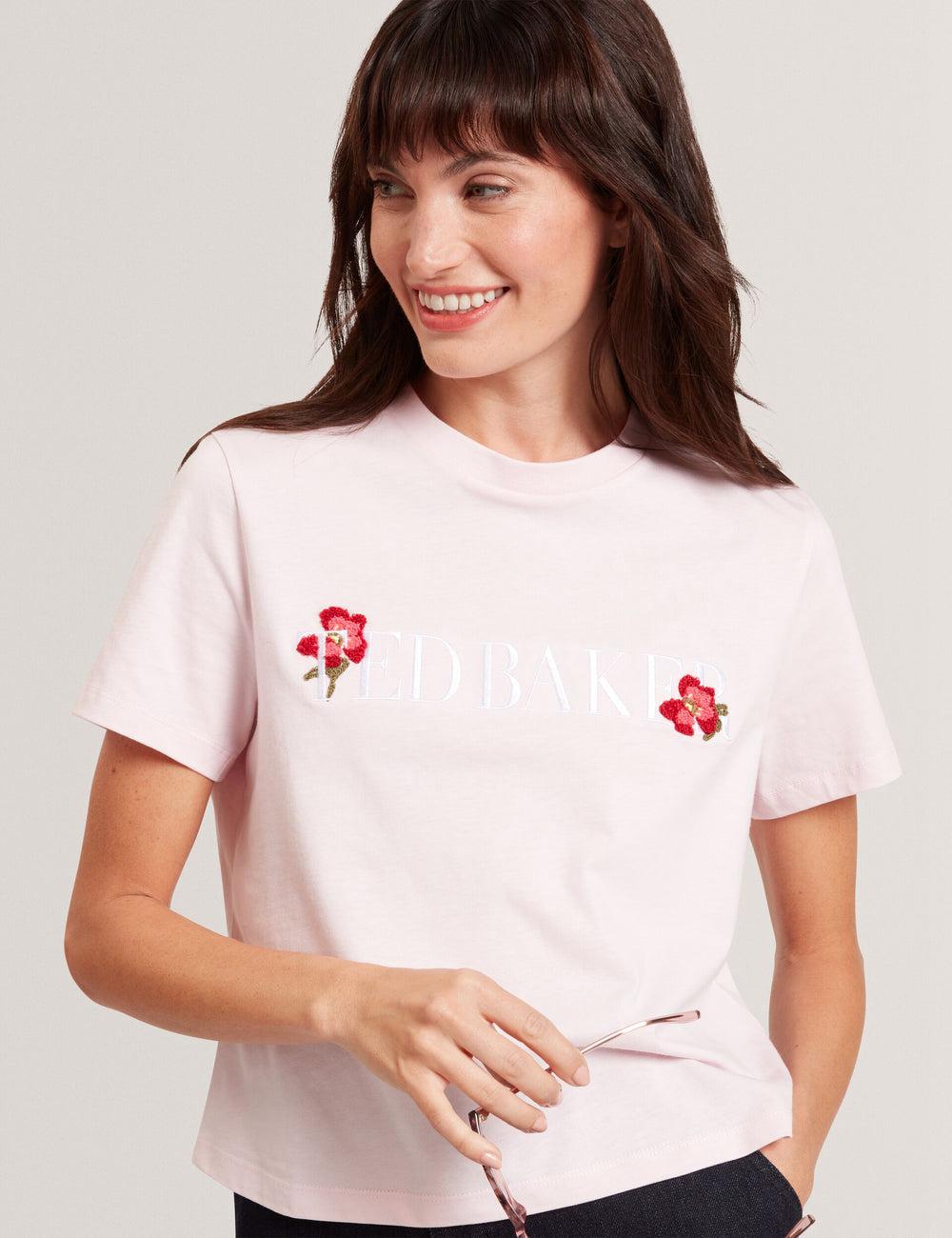 Pink Ted Baker MOLII - Embroidered Logo Cropped Cotton Women T-Shirts | Ireland  3752-DLCSB