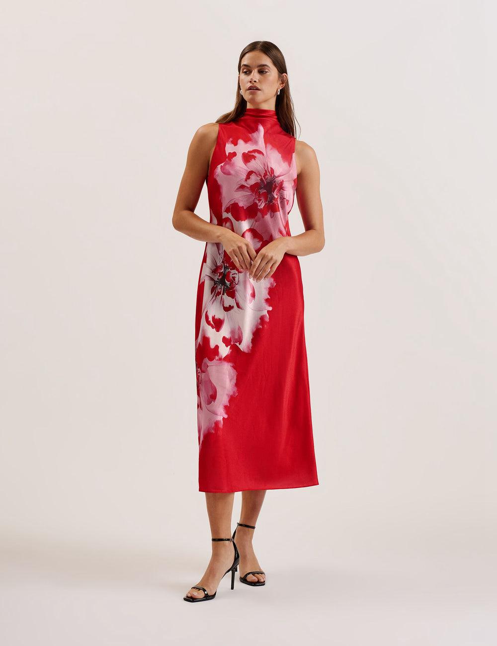 Red Ted Baker ALIARA - Floral Satin High Neck Sleeveless Women Midi Dresses | Ireland  6523-OSMCG