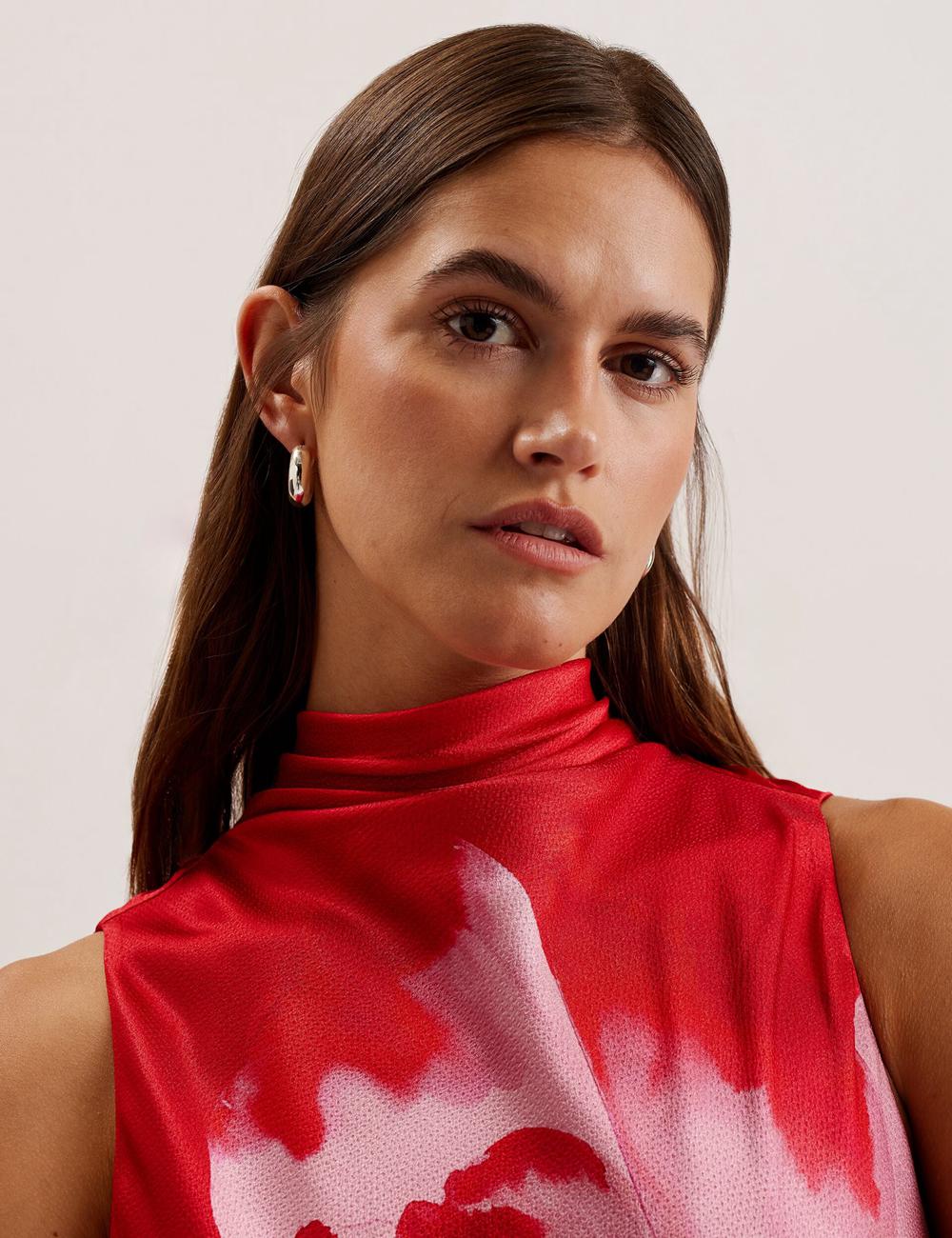 Red Ted Baker ALIARA - Floral Satin High Neck Sleeveless Women Midi Dresses | Ireland  6523-OSMCG