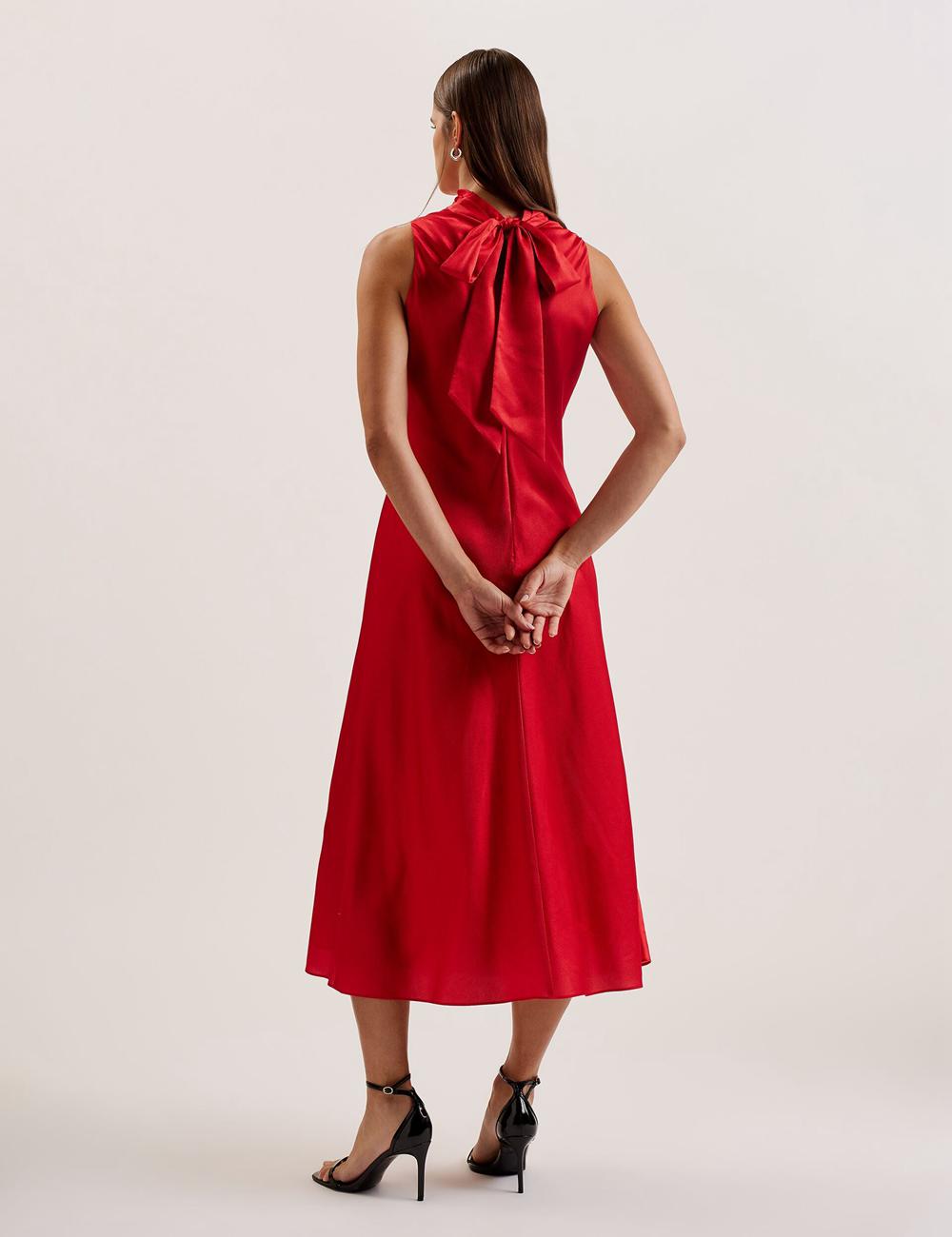 Red Ted Baker ALIARA - Floral Satin High Neck Sleeveless Women Midi Dresses | Ireland  6523-OSMCG