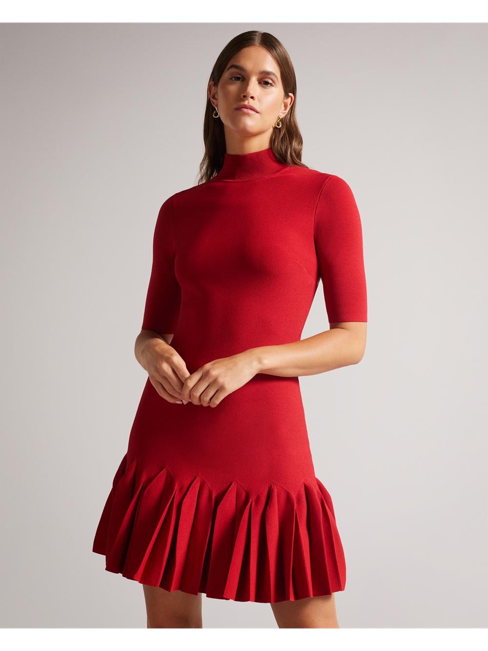 Red Ted Baker CANDDY - Pleated Hem Bodycon Knit Women Mini Dresses | Ireland  5301-FCXBN