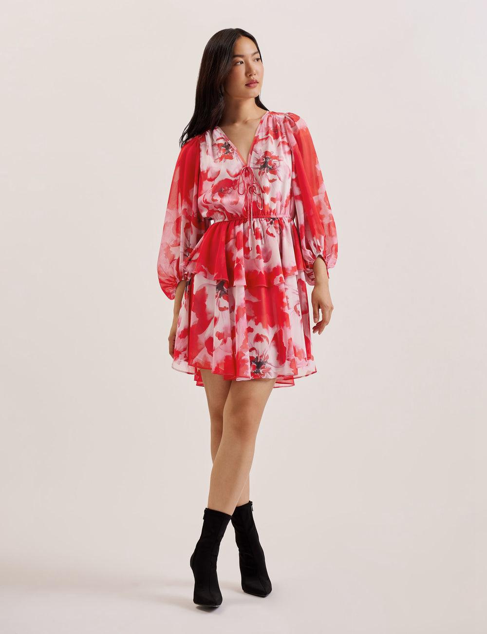 Red Ted Baker LEYNA - Floral Chiffon Front Women Mini Dresses | Ireland  1945-JZHVS
