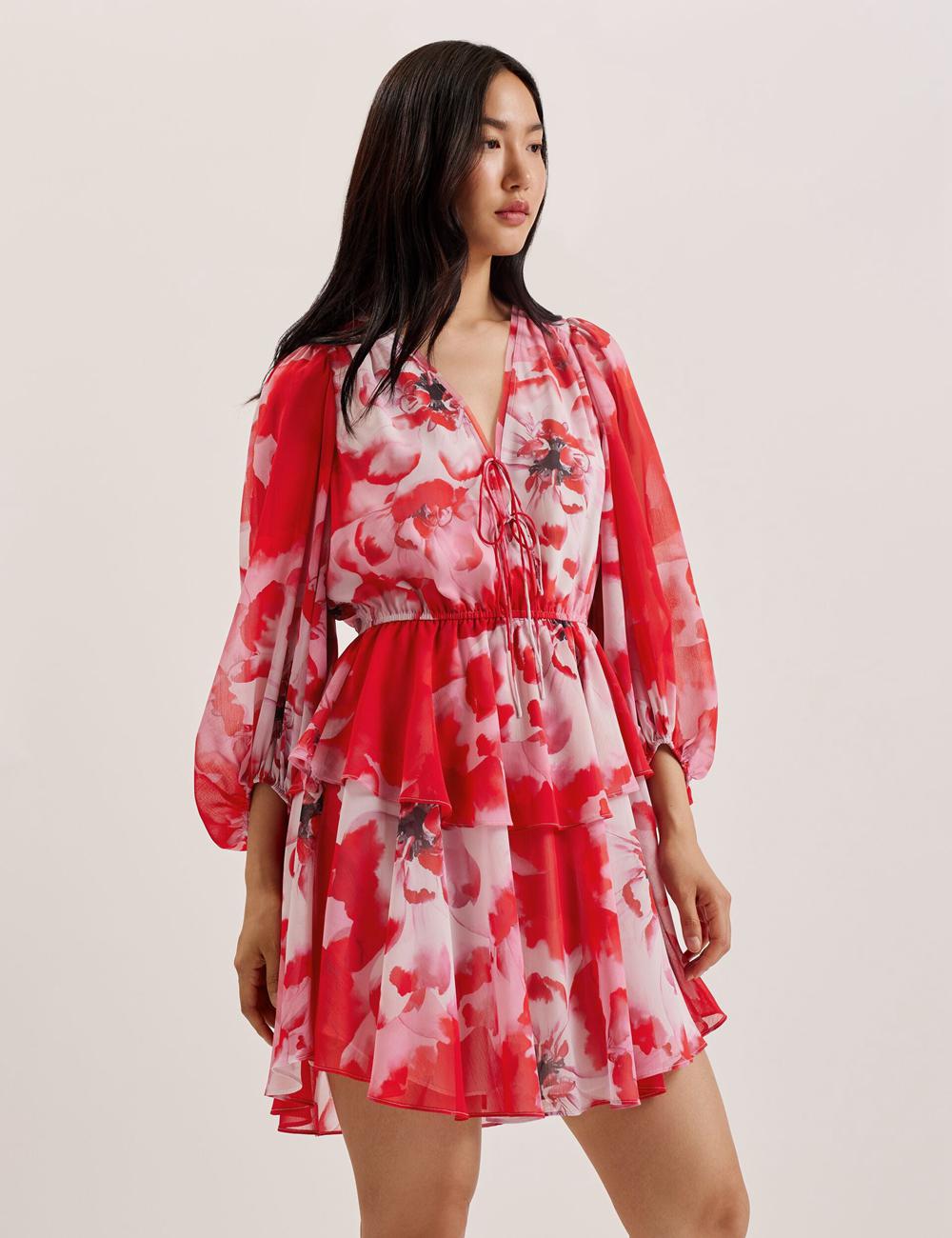 Red Ted Baker LEYNA - Floral Chiffon Front Women Mini Dresses | Ireland  1945-JZHVS