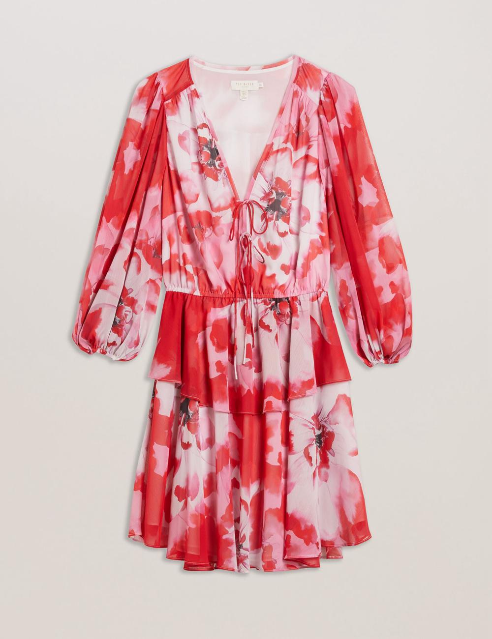 Red Ted Baker LEYNA - Floral Chiffon Front Women Mini Dresses | Ireland  1945-JZHVS