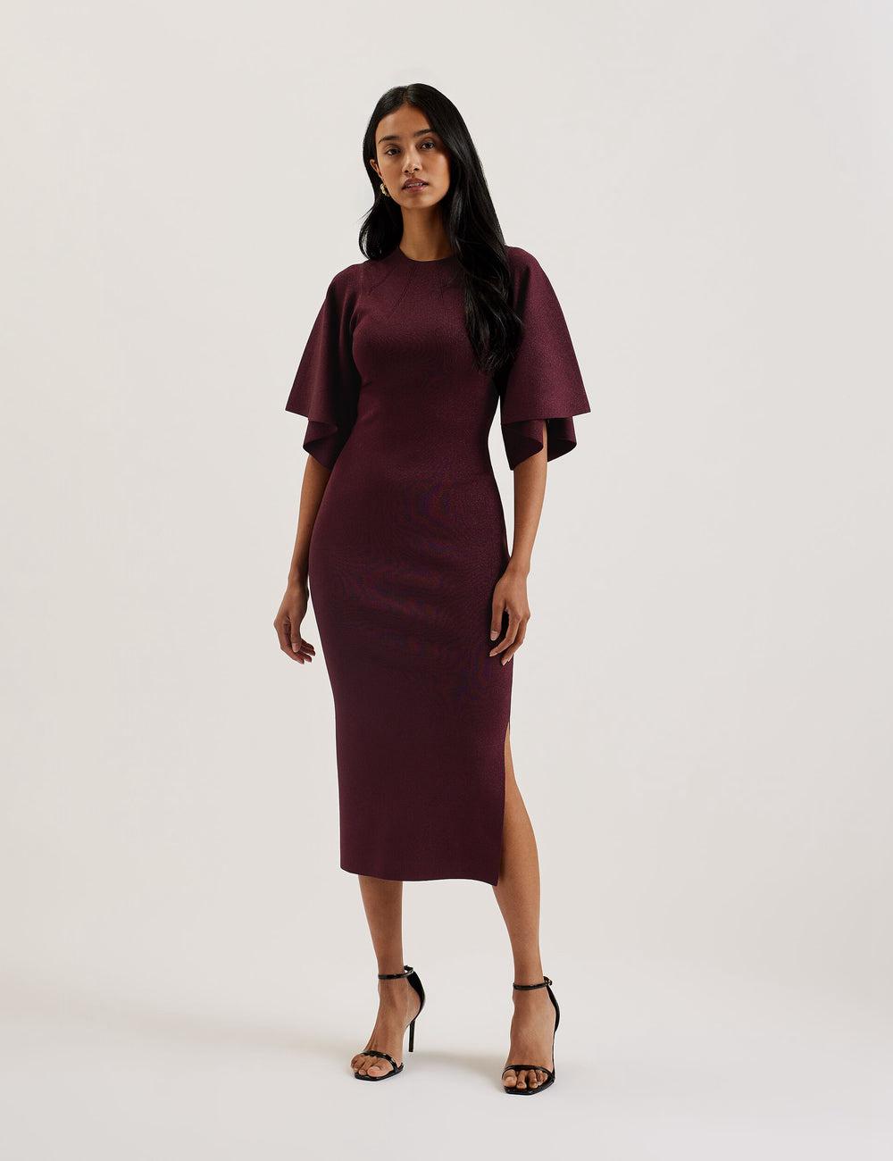 Red Ted Baker LOUANAA - Metallic Knit Fluted Sleeve Women Midi Dresses | Ireland  5247-XTPSI