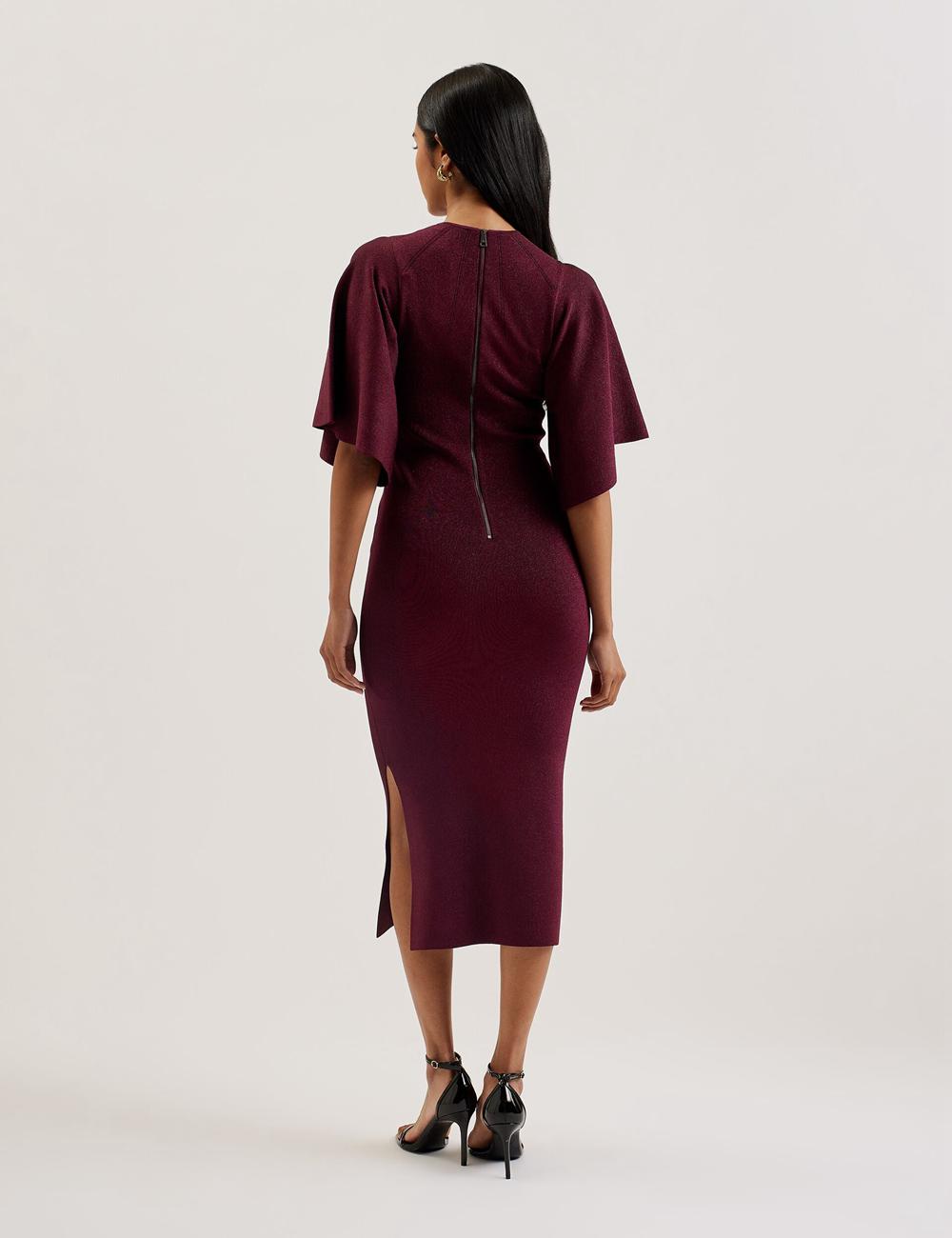 Red Ted Baker LOUANAA - Metallic Knit Fluted Sleeve Women Midi Dresses | Ireland  5247-XTPSI