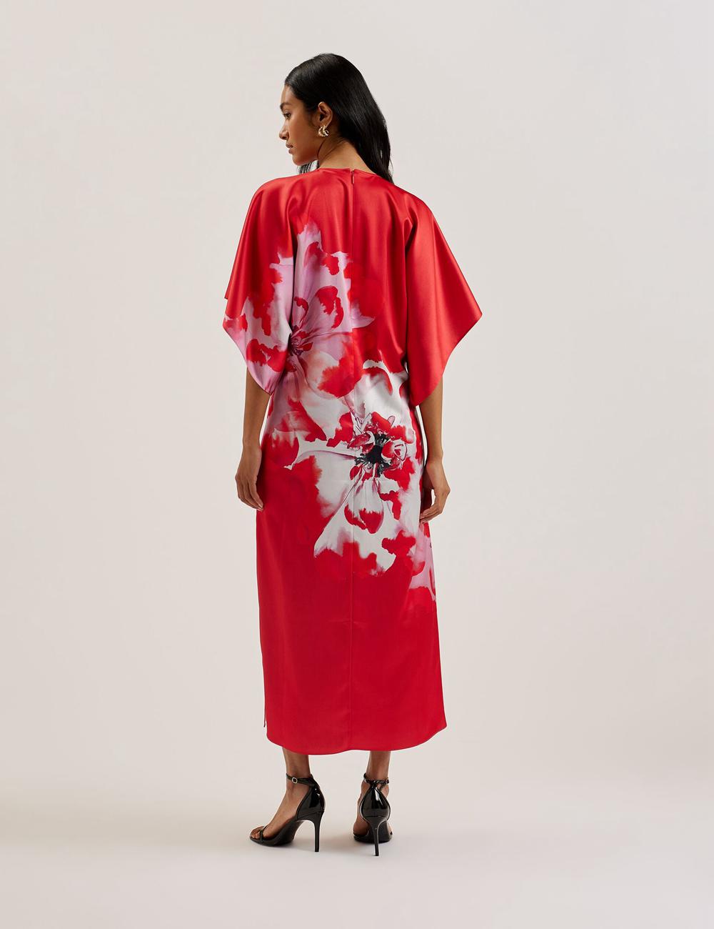 Red Ted Baker NASINU - Printed Satin Batwing Sleeve Women Midi Dresses | Ireland  1436-FIGYV