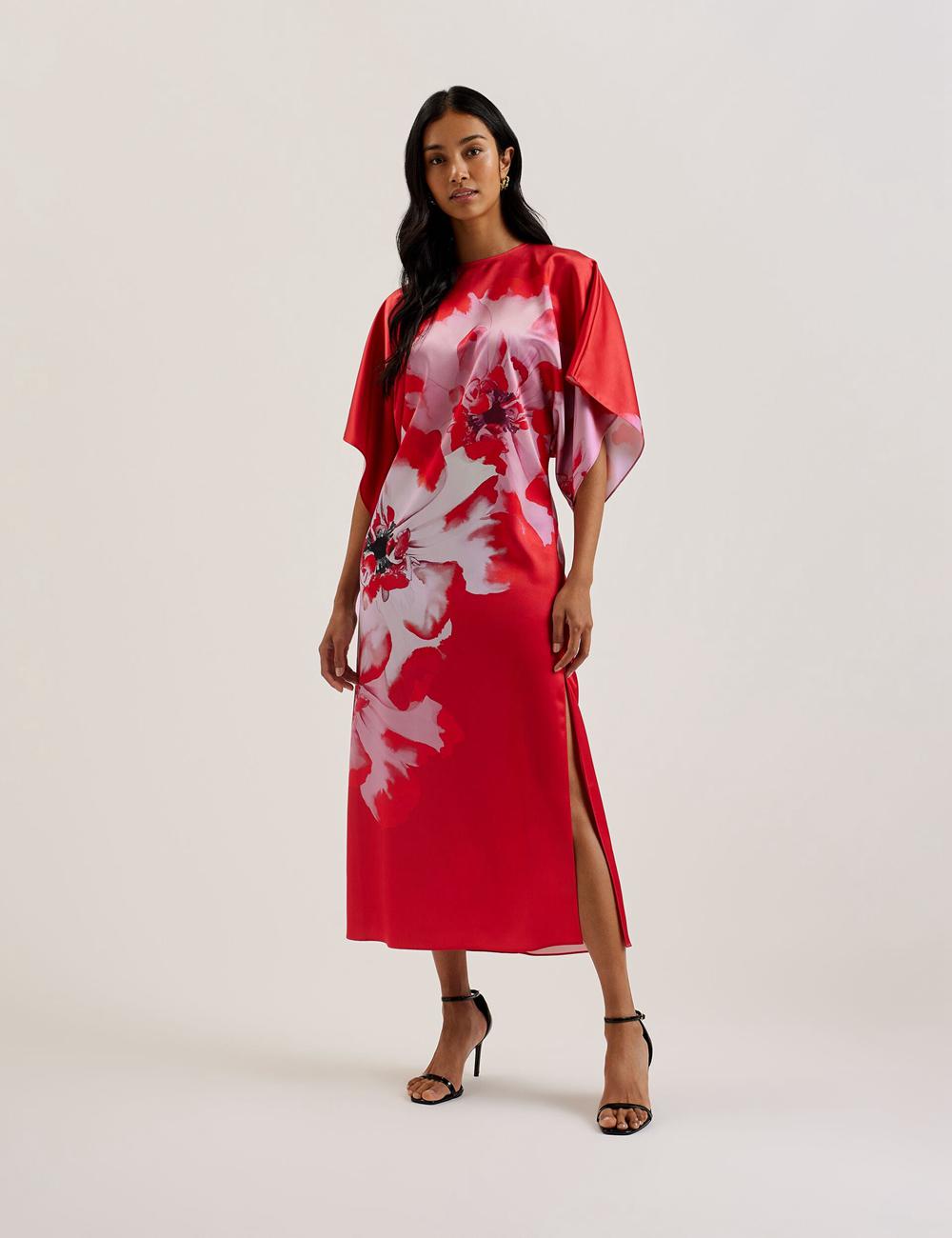 Red Ted Baker NASINU - Printed Satin Batwing Sleeve Women Midi Dresses | Ireland  1436-FIGYV