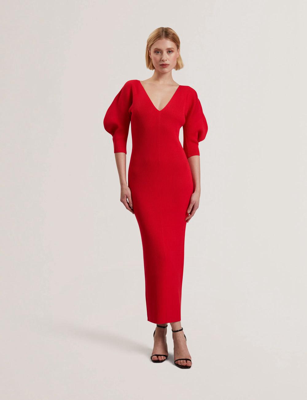 Red Ted Baker PRICILA - Shaped Sleeve Knitted Bodycon Women Midi Dresses | Ireland  1946-YHRXK