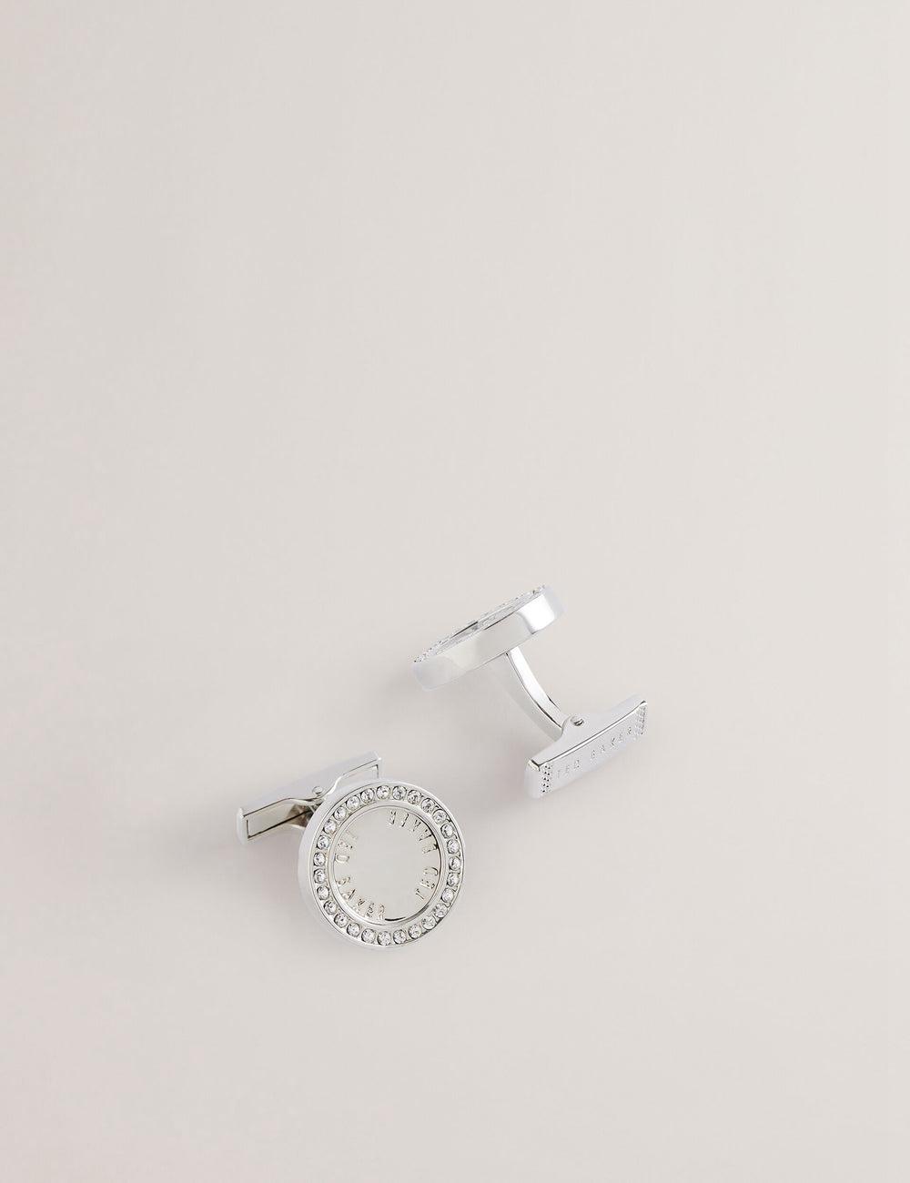 Silver Ted Baker CRUZ - Crystal Border Logo Round Men Cufflinks | Ireland  8729-GWEOD