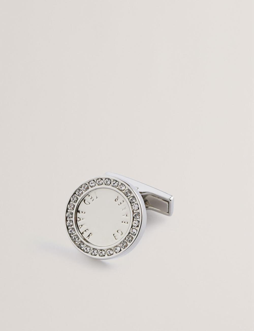 Silver Ted Baker CRUZ - Crystal Border Logo Round Men Cufflinks | Ireland  8729-GWEOD