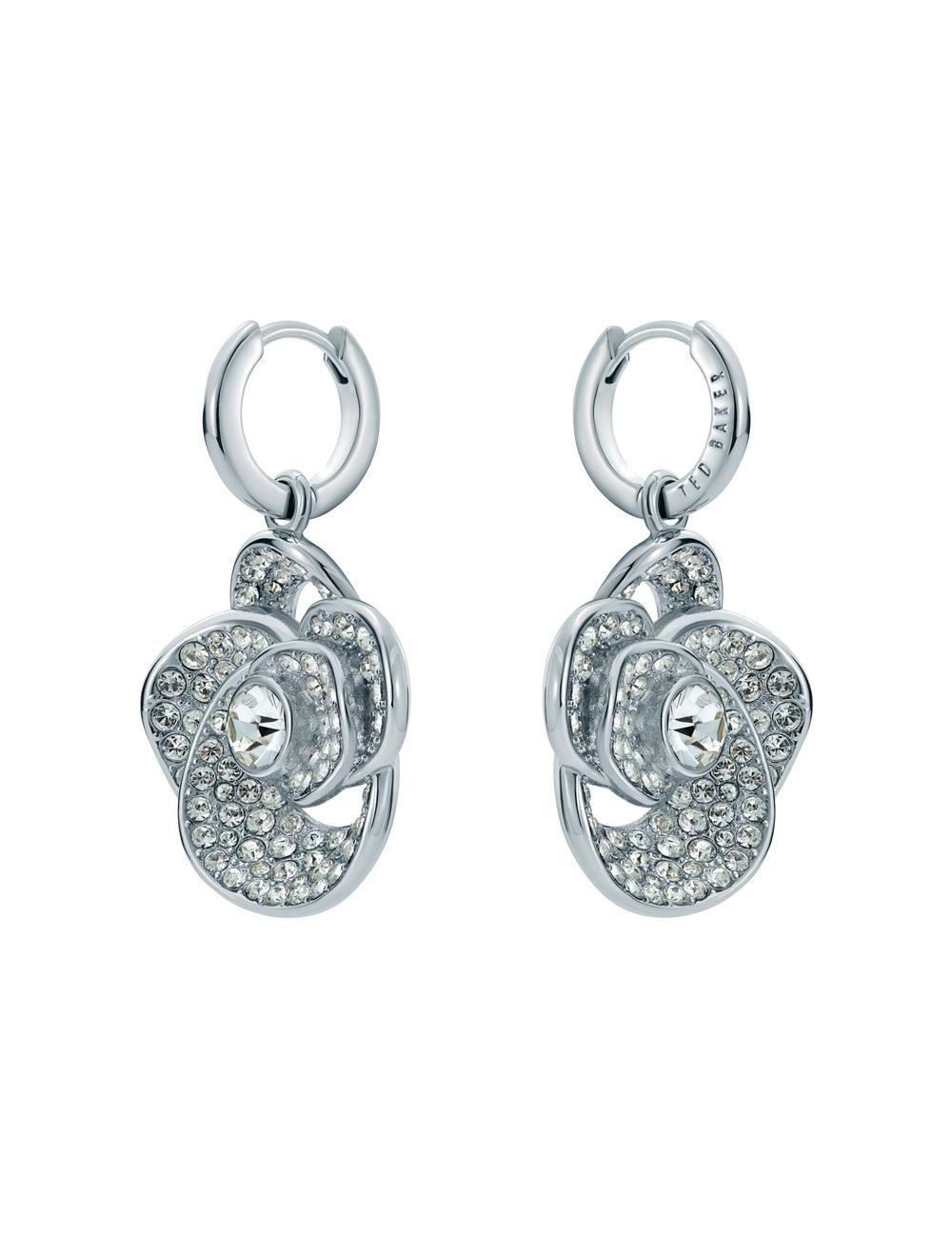 Silver Ted Baker FLORENCE - Crystal Flower Pendant Huggie Women Earrings | Ireland  9402-SJBMA