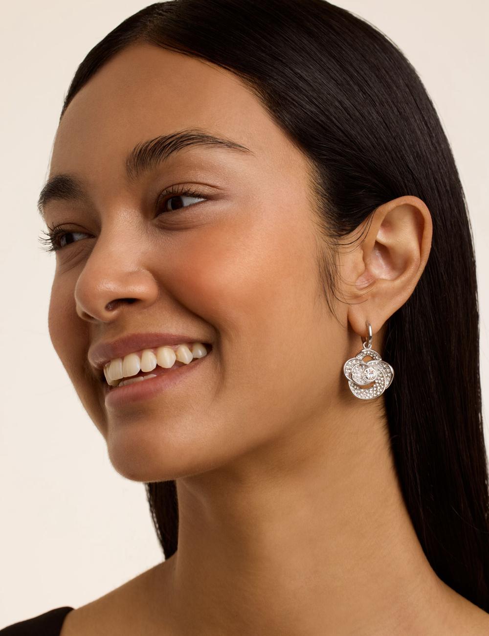 Silver Ted Baker FLORENCE - Crystal Flower Pendant Huggie Women Earrings | Ireland  9402-SJBMA