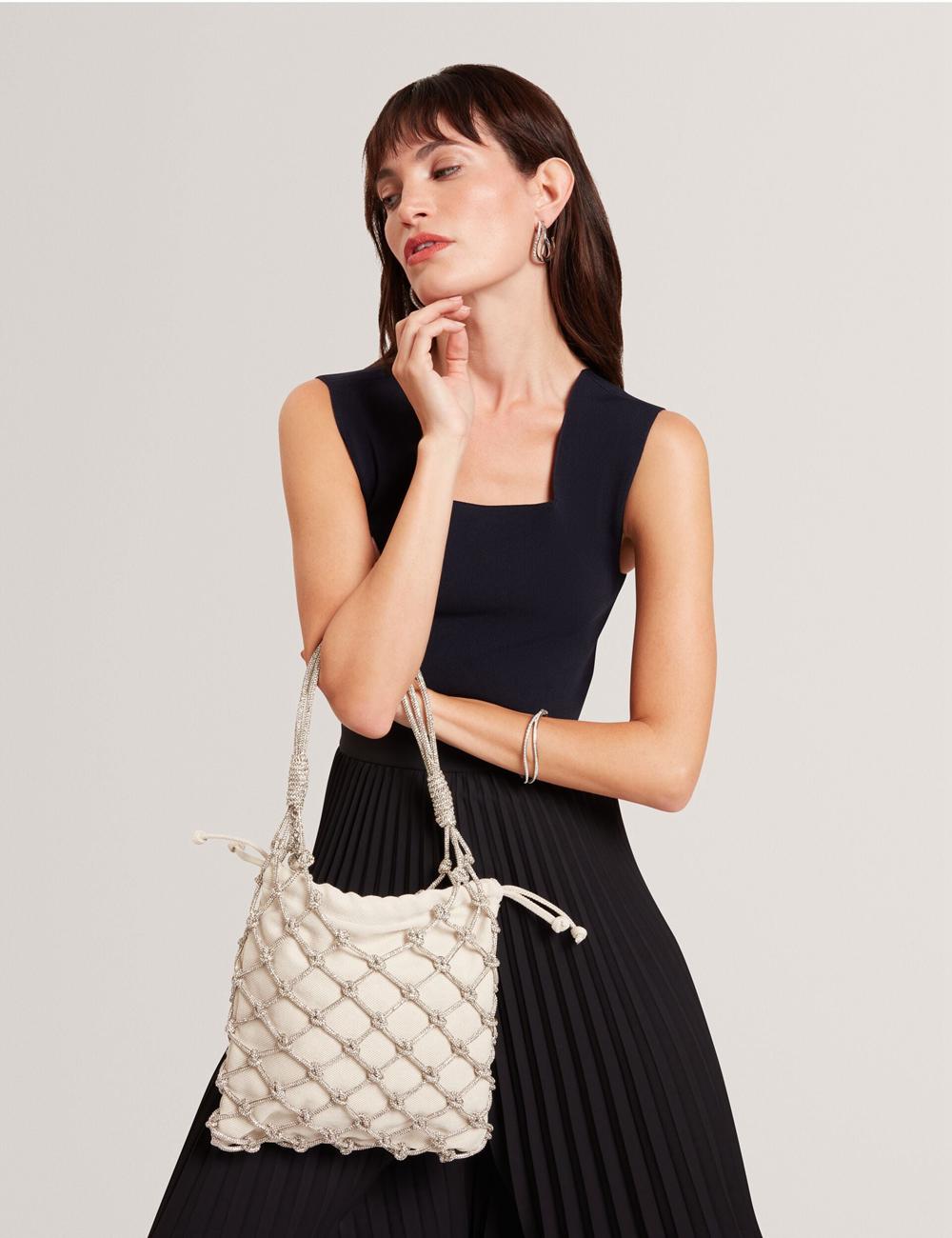 Silver Ted Baker KYLISA - Crystal Cage Top Handle Canvas Women Bucket Bags | Ireland  3281-LPCYD