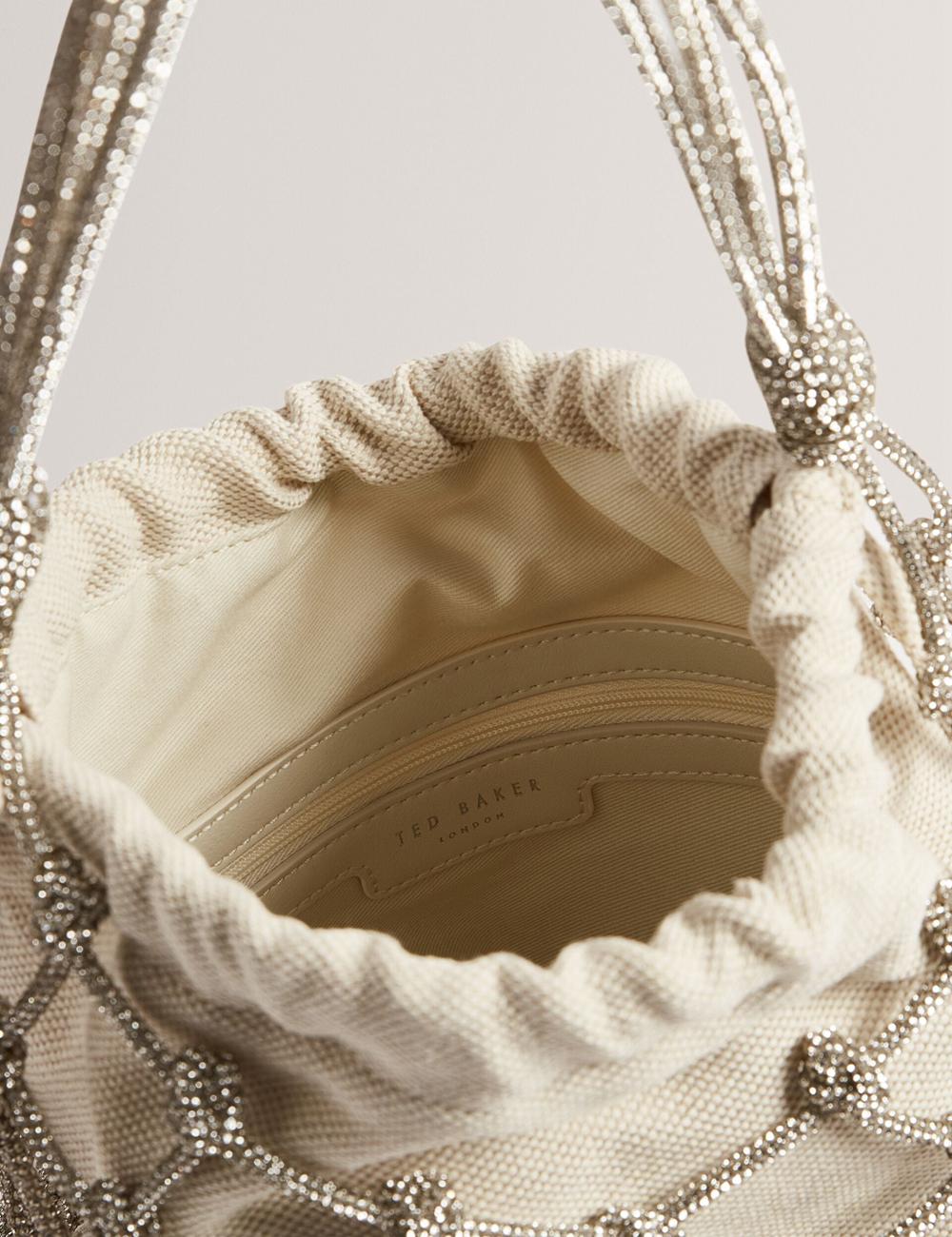 Silver Ted Baker KYLISA - Crystal Cage Top Handle Canvas Women Bucket Bags | Ireland  3281-LPCYD