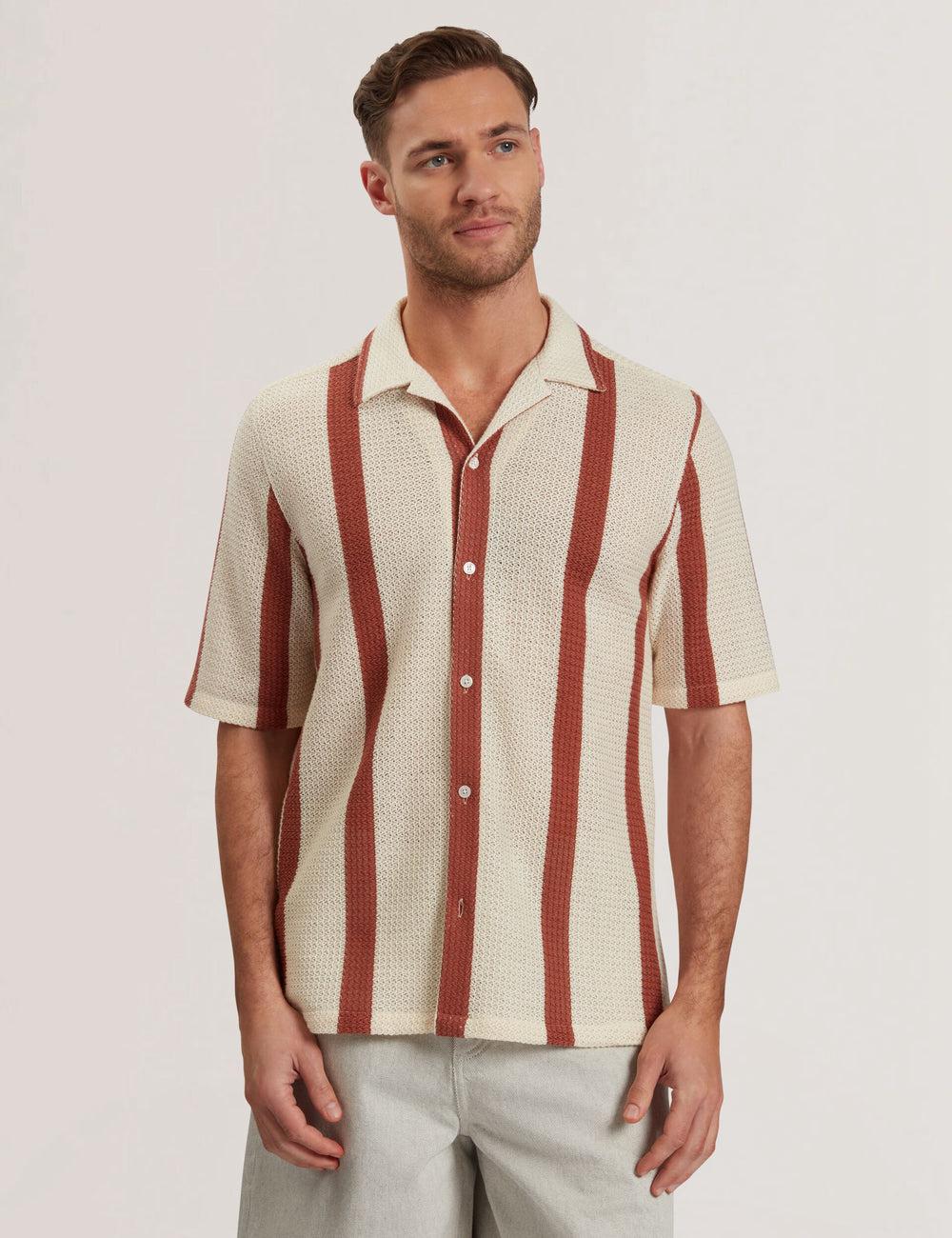 Taupe Ted Baker NIKS - Short Sleeve Stripe Crochet Oversized Men Casual Shirts | Ireland  8570-VLAWZ