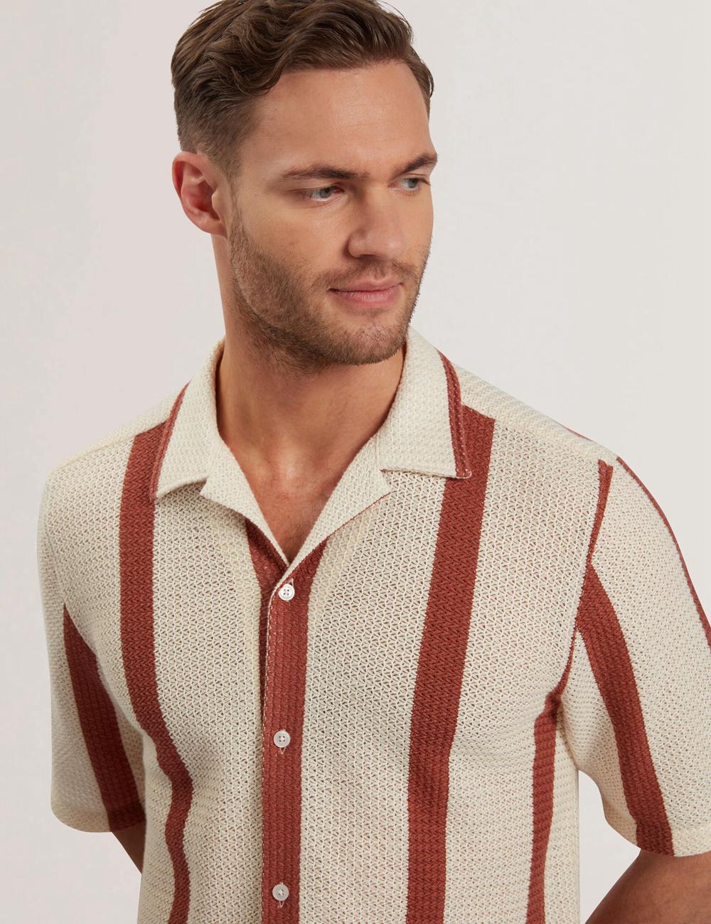 Taupe Ted Baker NIKS - Short Sleeve Stripe Crochet Oversized Men Casual Shirts | Ireland  8570-VLAWZ
