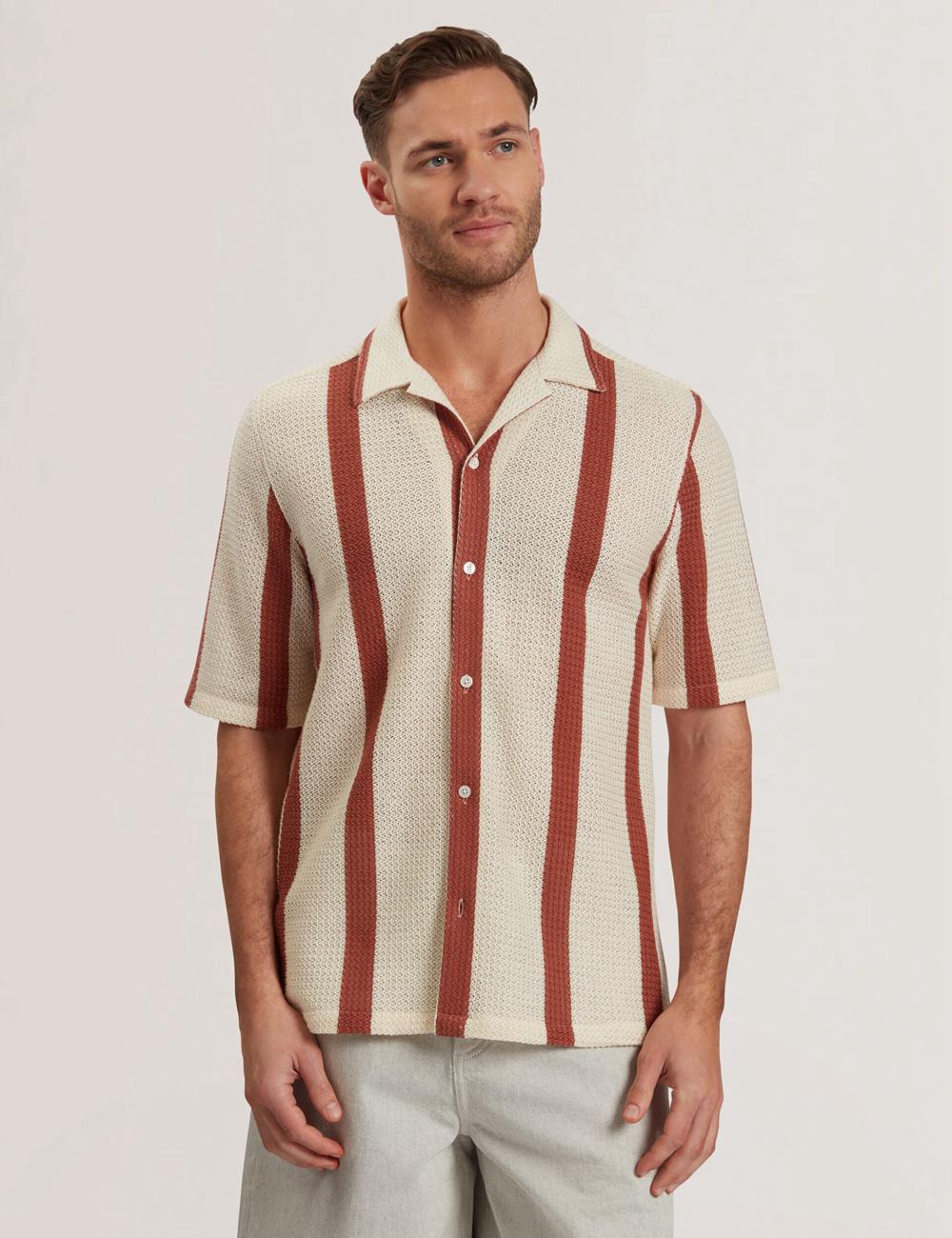Taupe Ted Baker NIKS - Short Sleeve Stripe Crochet Oversized Men Casual Shirts | Ireland  8570-VLAWZ