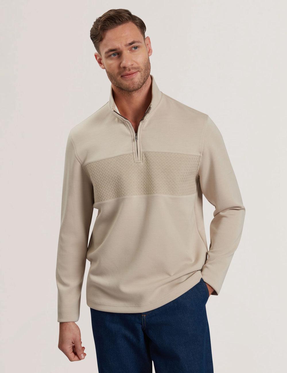 Taupe Ted Baker SIMONEA - Textured Panel Half-Zip Modal Men Sweatshirts | Ireland  3102-KGBRV