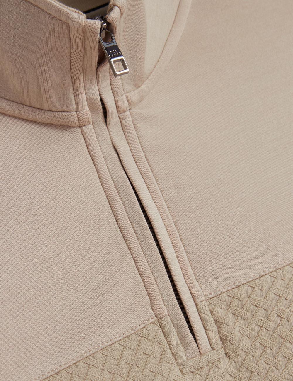 Taupe Ted Baker SIMONEA - Textured Panel Half-Zip Modal Men Sweatshirts | Ireland  3102-KGBRV