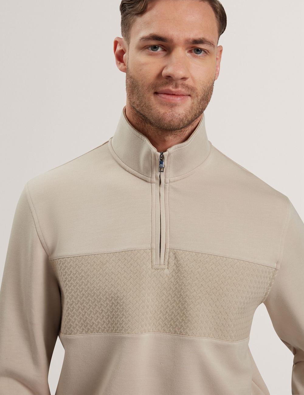 Taupe Ted Baker SIMONEA - Textured Panel Half-Zip Modal Men Sweatshirts | Ireland  3102-KGBRV