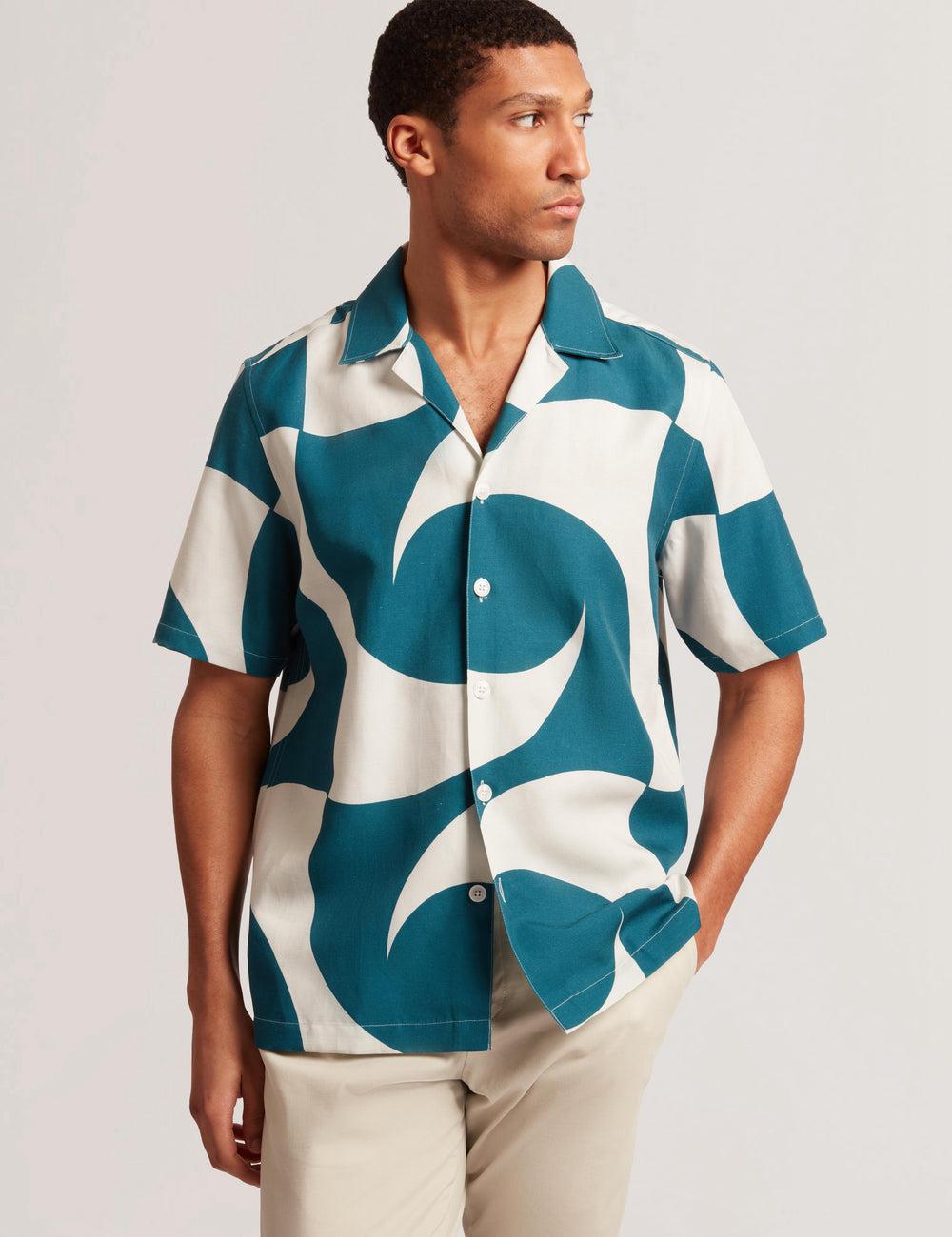 Turquoise Ted Baker ROLDAN - Short Sleeve Oversized Swirl Print Men Casual Shirts | Ireland  9073-PKVJS