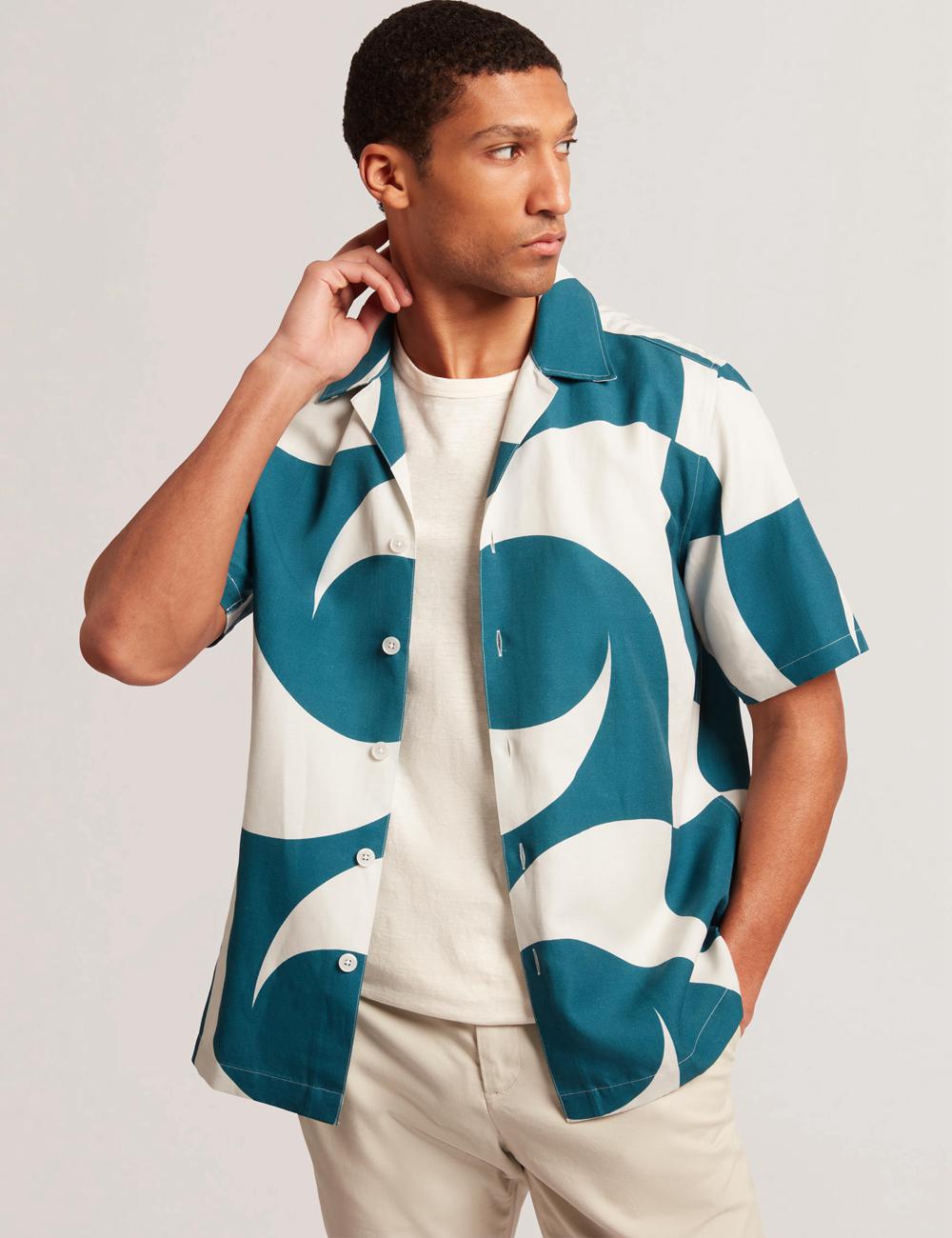 Turquoise Ted Baker ROLDAN - Short Sleeve Oversized Swirl Print Men Casual Shirts | Ireland  9073-PKVJS