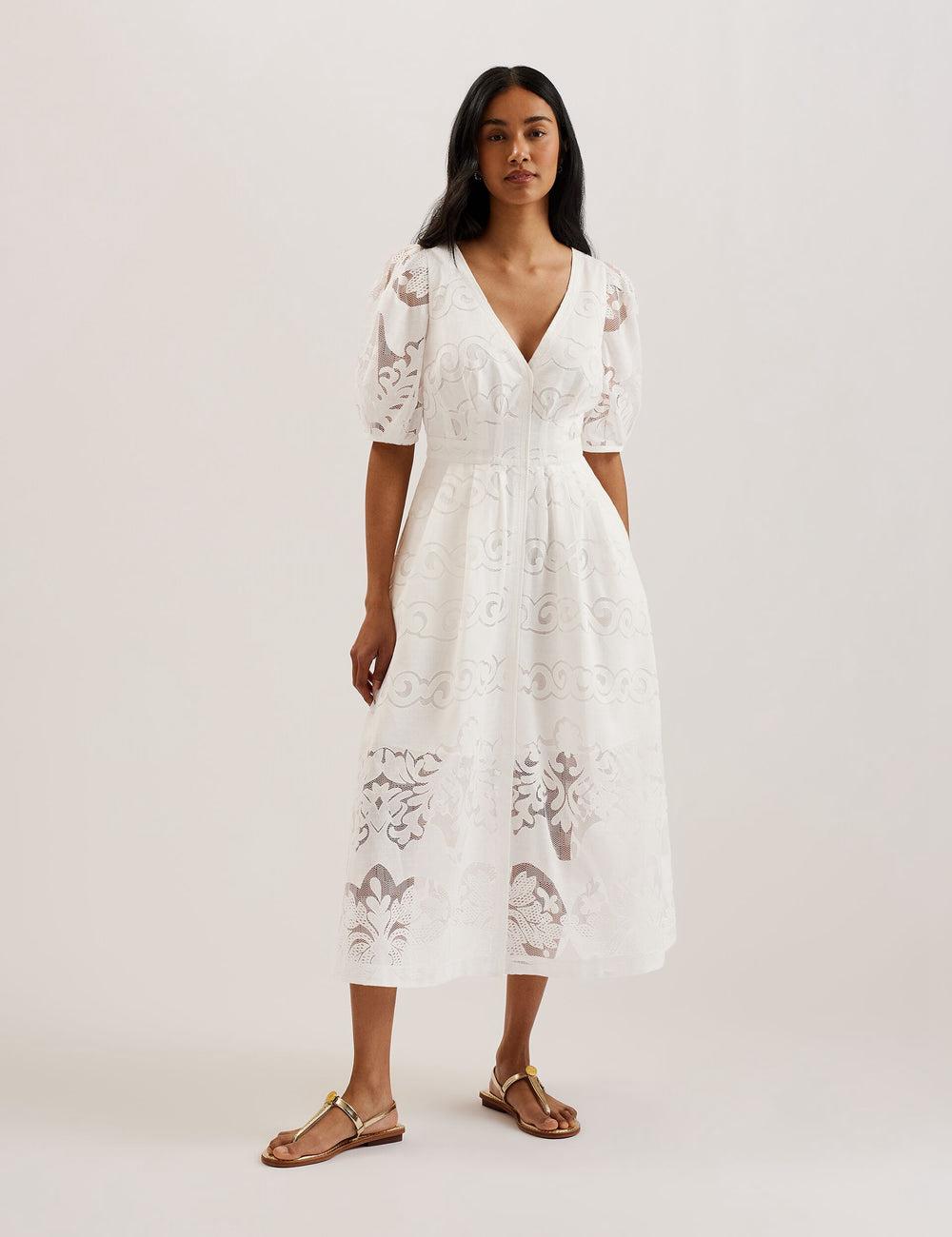 White Ted Baker AGNEL - Lace Puff Sleeve Cotton Blend Women Midi Dresses | Ireland  3751-IHDEC