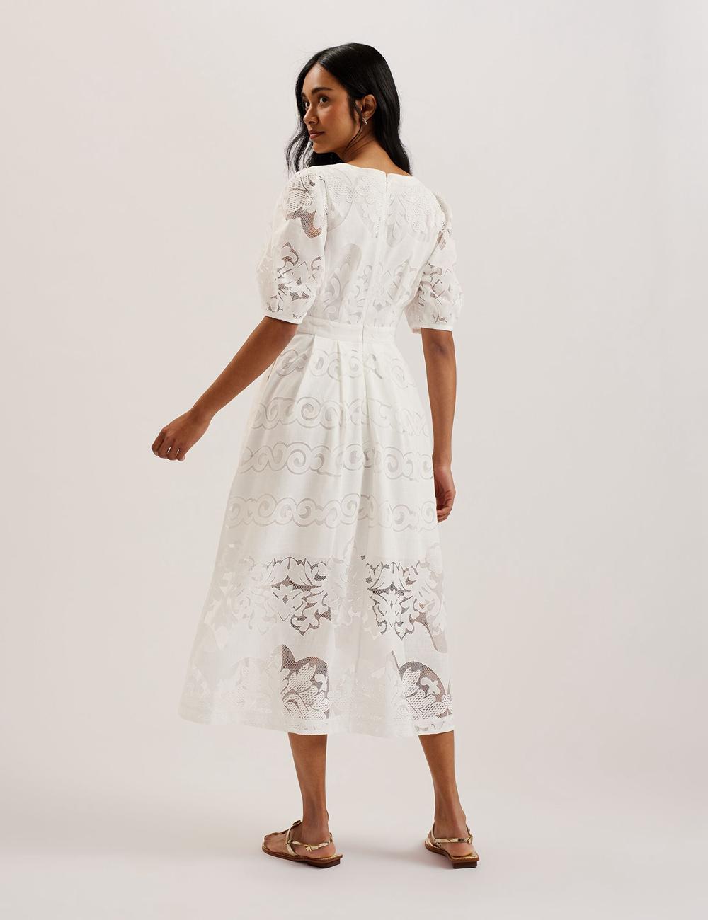 White Ted Baker AGNEL - Lace Puff Sleeve Cotton Blend Women Midi Dresses | Ireland  3751-IHDEC