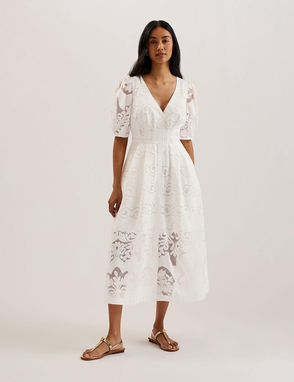 White Ted Baker AGNEL - Lace Puff Sleeve Cotton Blend Women Midi Dresses | Ireland  3751-IHDEC