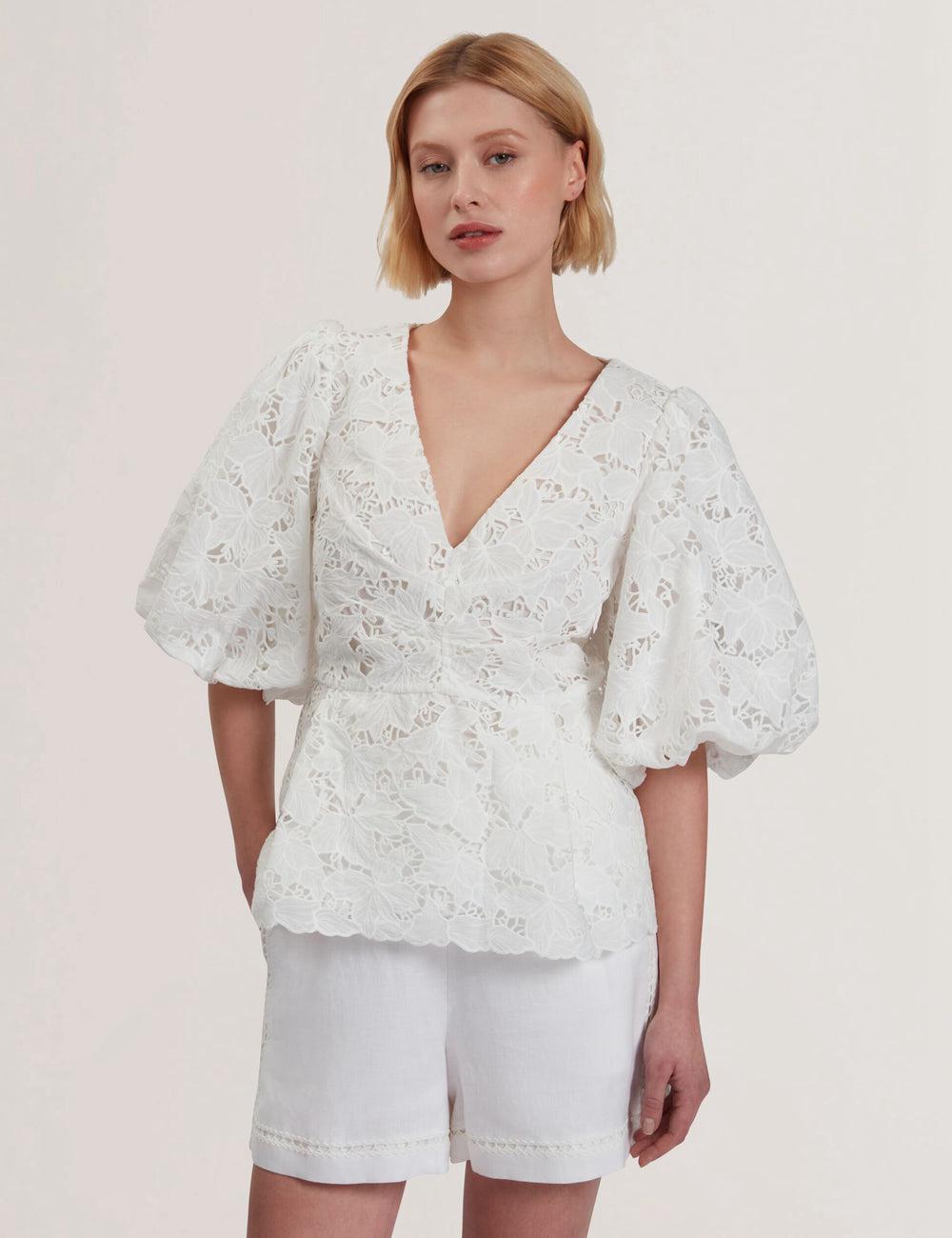 White Ted Baker ELLARI - Lace Puff Sleeve V-Neck Peplum Women Tops | Ireland  6592-HADCU
