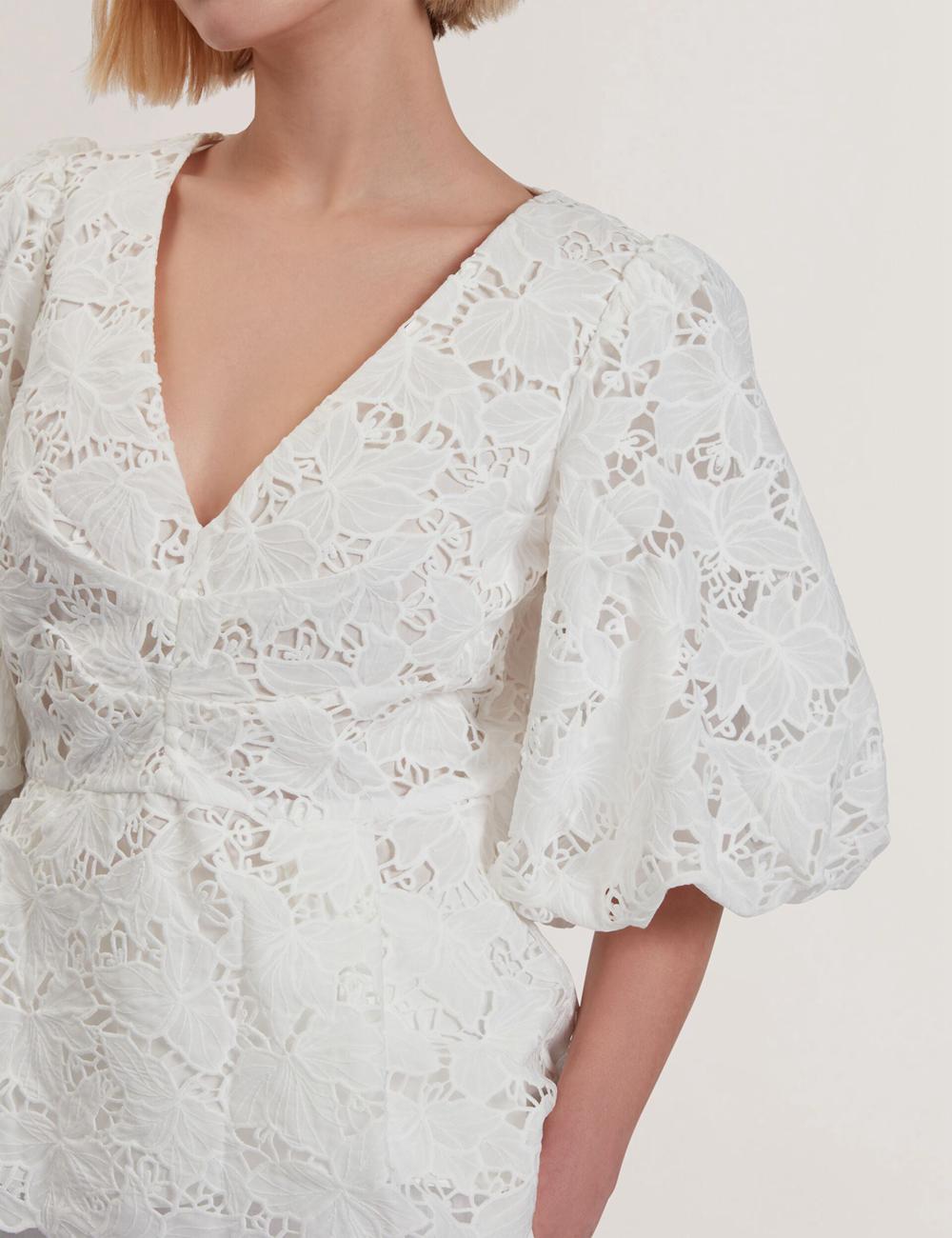 White Ted Baker ELLARI - Lace Puff Sleeve V-Neck Peplum Women Tops | Ireland  6592-HADCU