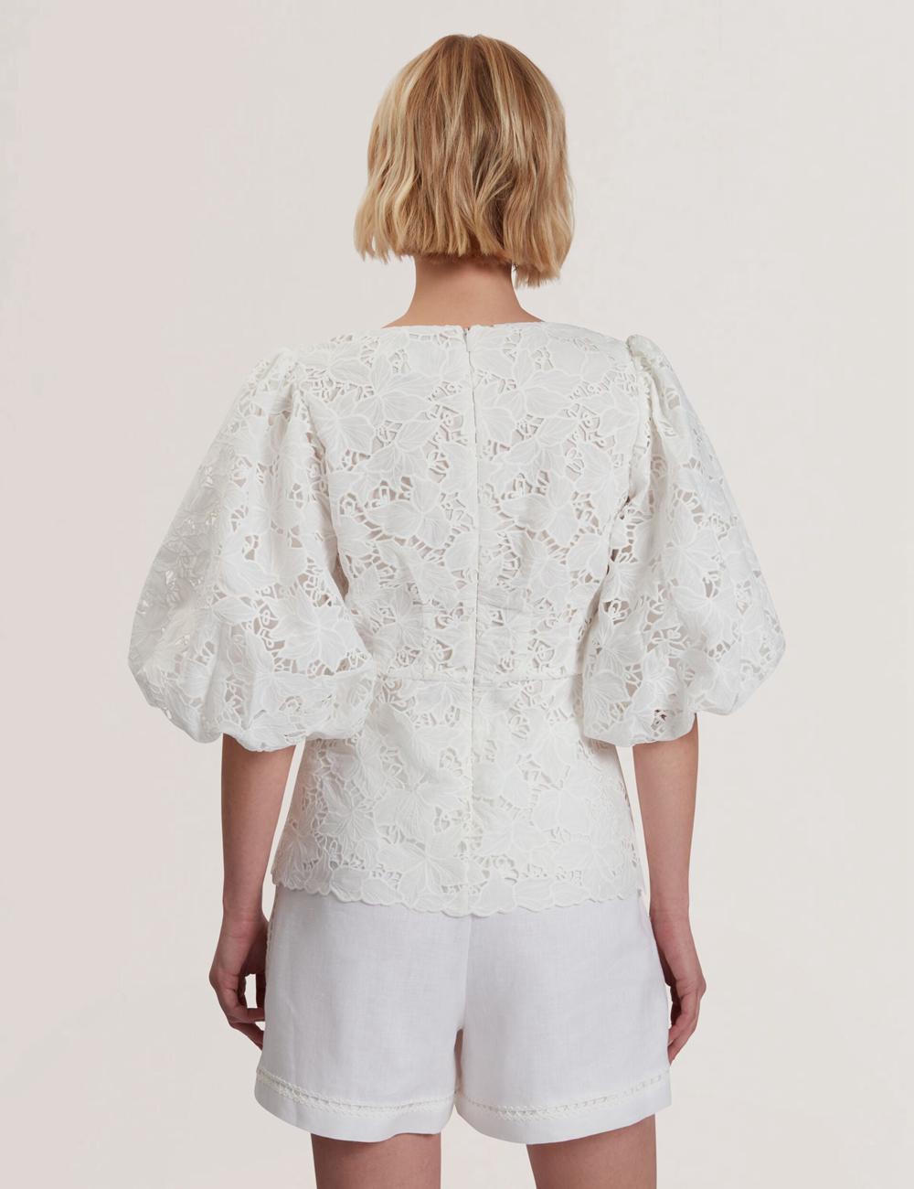 White Ted Baker ELLARI - Lace Puff Sleeve V-Neck Peplum Women Tops | Ireland  6592-HADCU