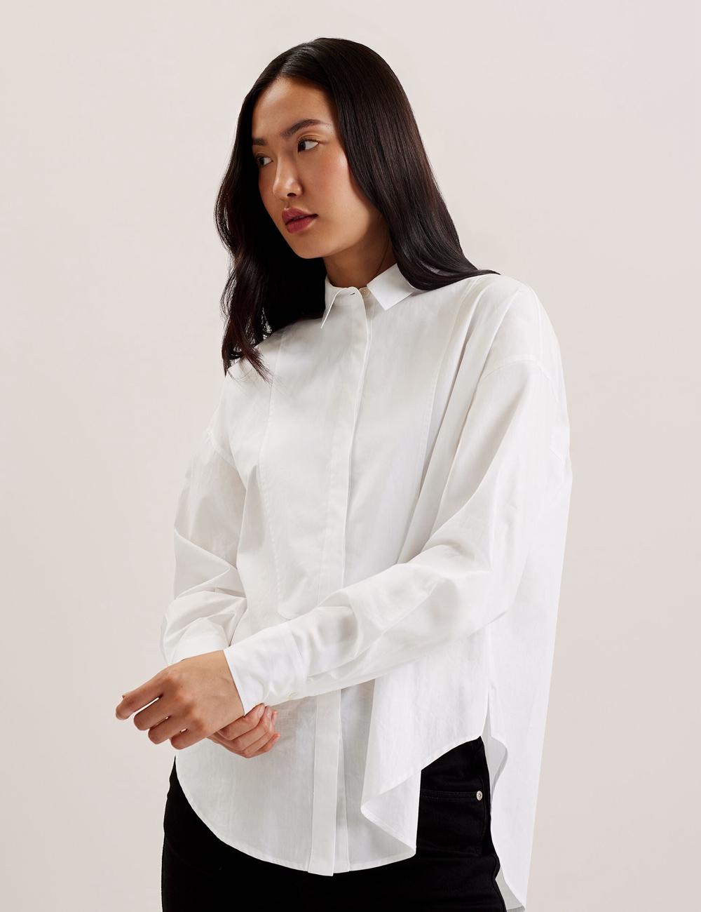 White Ted Baker IZOTE - Oversized Drop Shoulder Bib Detail Women Casual Shirts | Ireland  8450-LVPDK
