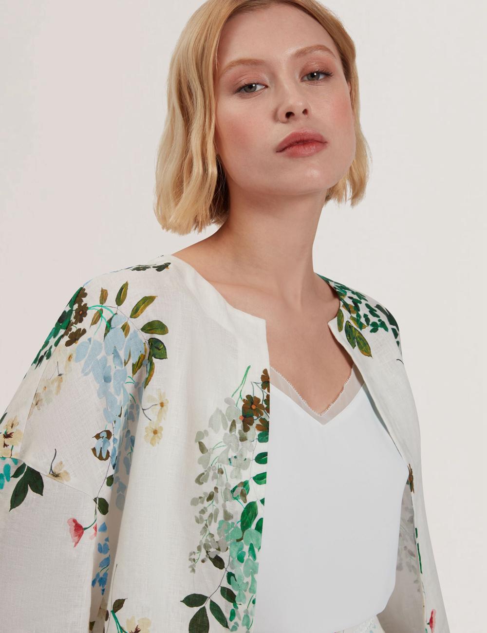 White Ted Baker KALNA - Printed Linen Short Sleeve Cropped Shirt Women Tops | Ireland  7196-IWAUV